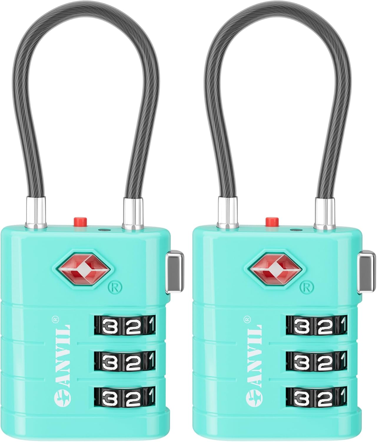 ANVIL TSA Approved Luggage Locks – High Security TSA008 Combination Travel Locks with Inspection Indicator for Suitcases and Backpacks. (2, Cyan)
