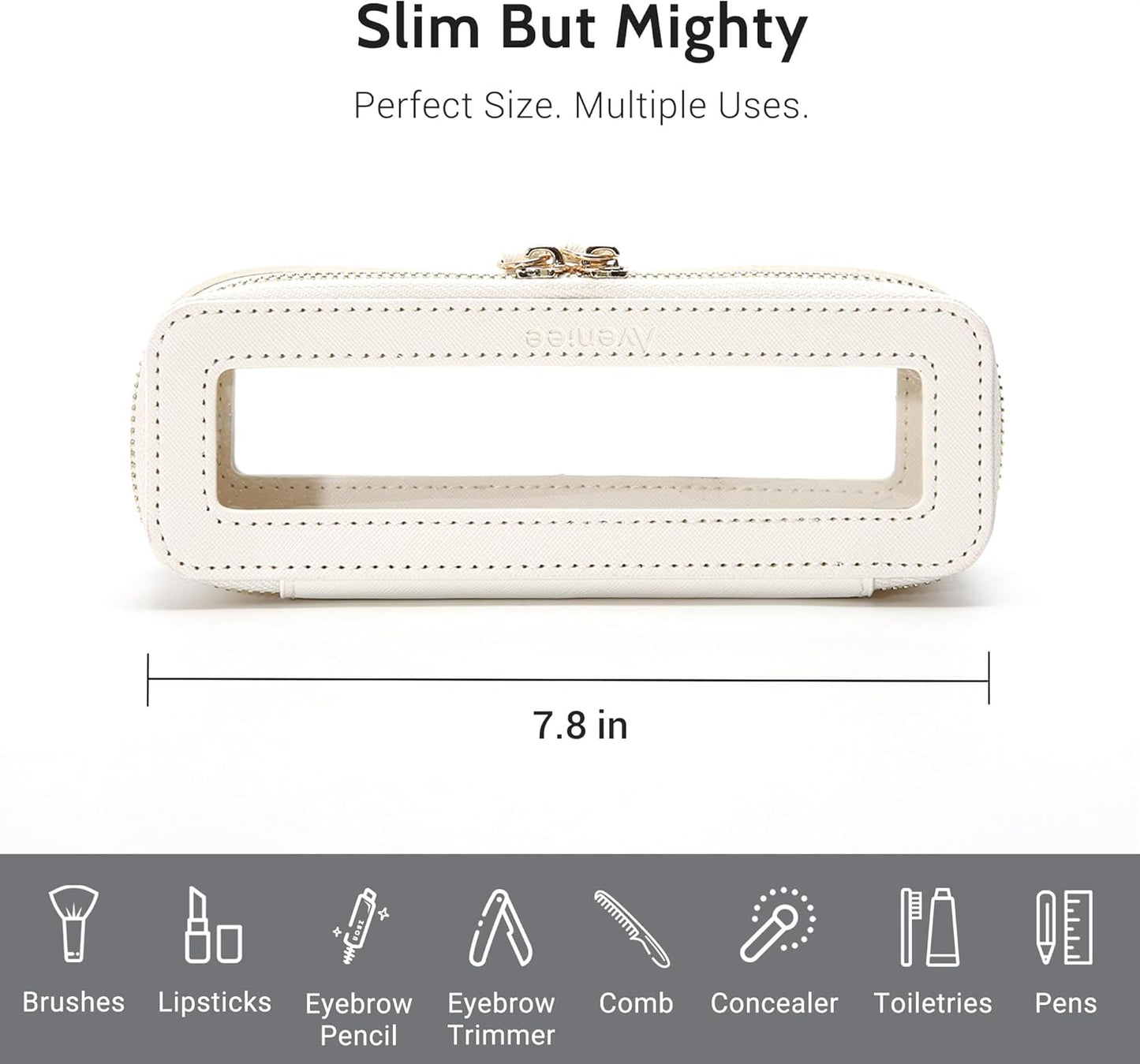 Aveniee Clear Makeup Brush Bag,Slim Cosmetic Brush Holder,Small Toiletry Bag Mini Travel Case for Women,Thin Make up Bags with Dual Zipper,Cute Travel Essentials Organizer,White