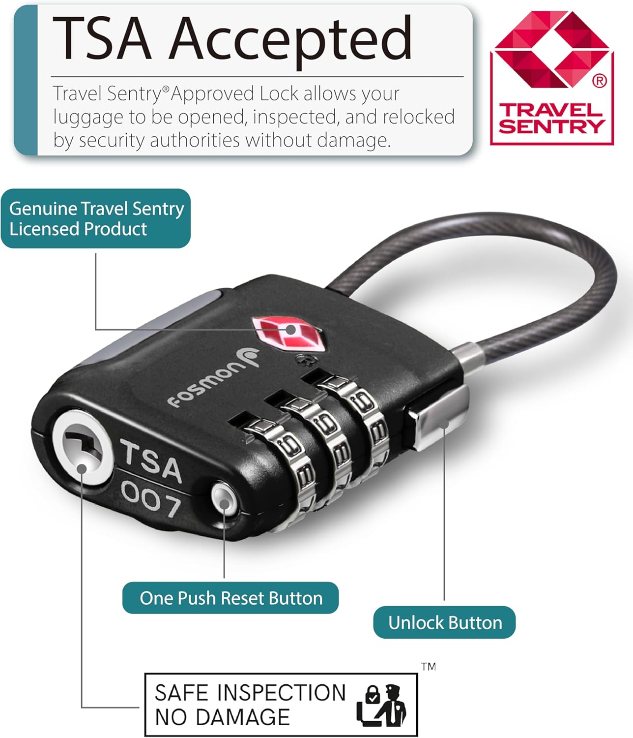 Fosmon TSA Approved Cable Locks for Luggage, Suitcase, Gun Case Lock with Push Release Button, 3 Digit Long Shackle Combination Wire Lock for Backpack