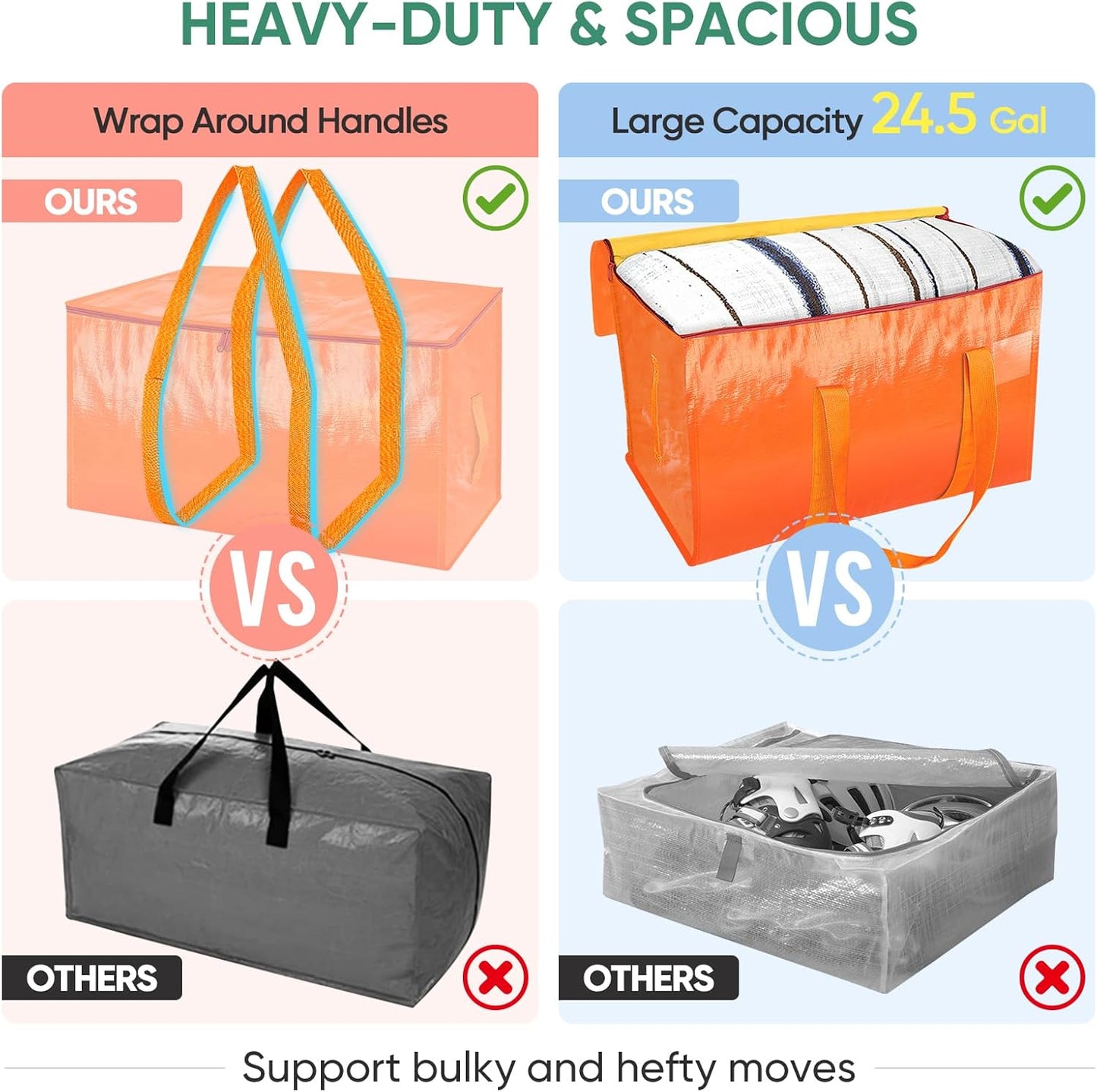 BALEINE 8-Pack Oversized Moving Bags with Reinforced Handles, Heavy-Duty Storage Tote for Clothes, Moving Supplies (Orange, 8-Pack)