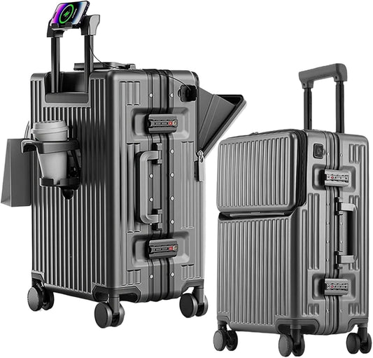 2-Piece Hardshell Zipperless Luggage Set, 20/26" Aluminum Frame Hardshell Spinner Luggage, Airline Approved Carry-On Luggage, TSA Lock, 360° Quiet Wheels With Cup Holder (grey)