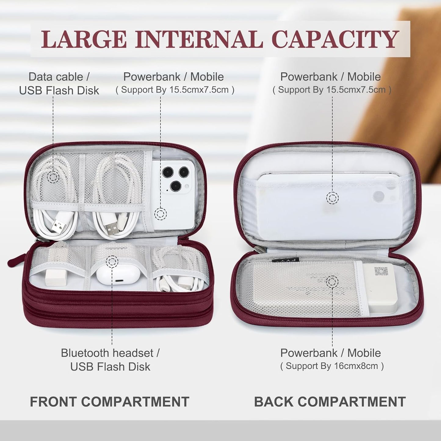 FYY Electronic Organizer, Travel Cable Organizer Bag Pouch Electronic Accessories Carry Case Portable Waterproof Double Layers All-in-One Storage Bag for Cable, Cord, Charger, Phone, Earphone Wine Red