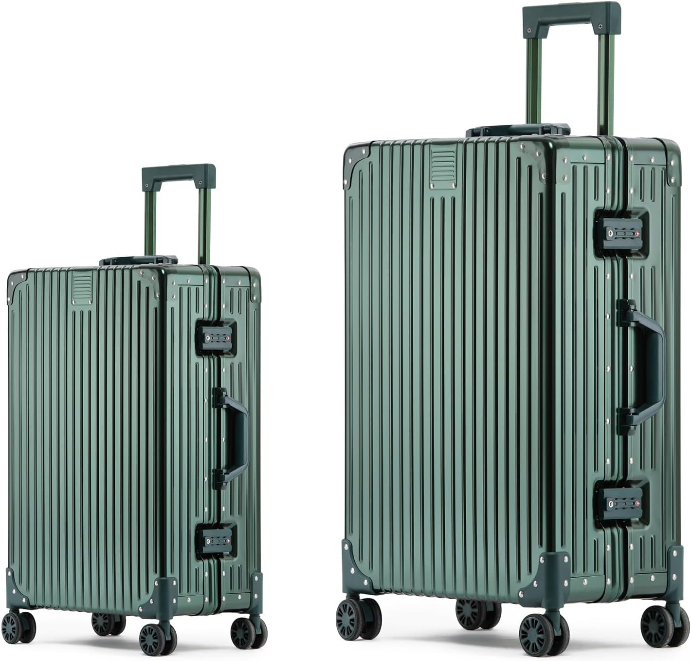 Metal All Aluminum Carry-on Luggage TSA Customs Lock Zipperless Silent Rotary Wheel Business Suitcase Aluminum Frame Set (dark green, 2Piece(20/26))