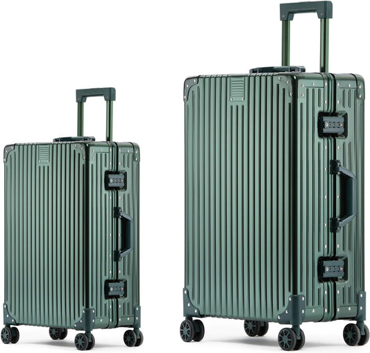 Metal All Aluminum Carry-on Luggage TSA Customs Lock Zipperless Silent Rotary Wheel Business Suitcase Aluminum Frame Set (dark green, 2Piece(20/26))