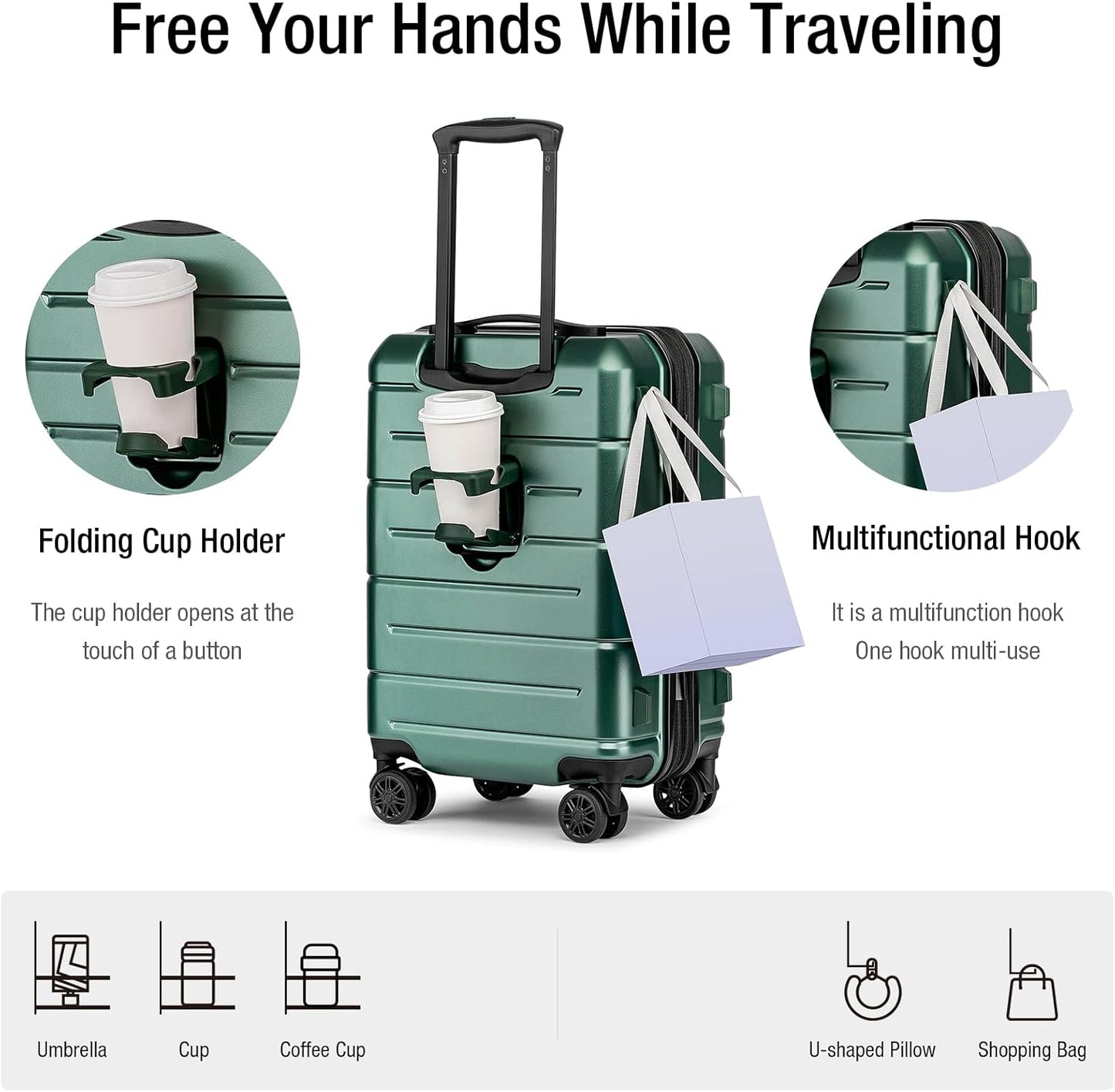 KYME Green Carry On Luggage 22x14x9 Airline Approved Expandable 20 Inch Hardshell Carry On Suitcase with Wheels TSA Lock Small Travel Rolling Luggage with Cup Holder for Men Women