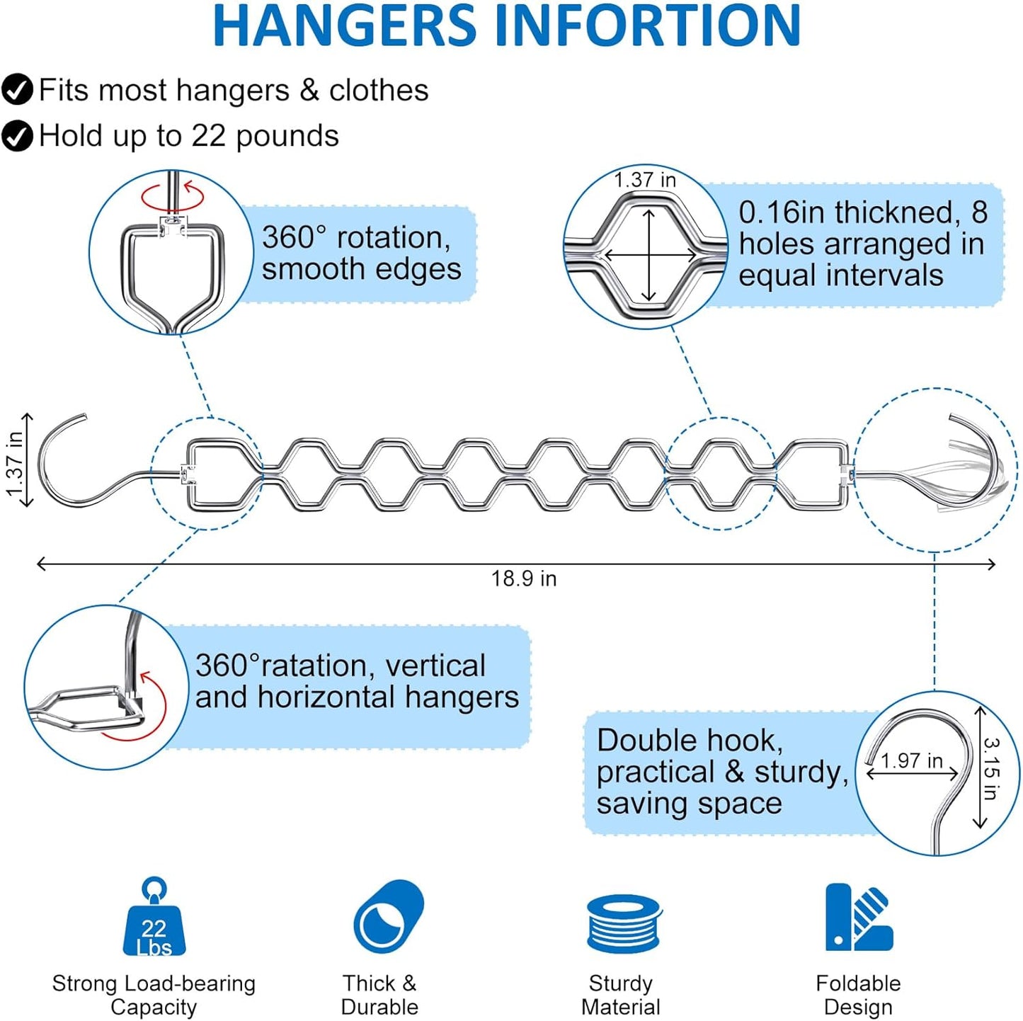 3 Pack Space Saving Hangers for Clothes, Heavy Duty 30Lbs Capacity Magic Clothes Space Saver Sturdy Metal Hanger Organizer with 360° Swivel Hook, Closet Organizers Storage Dorm Essentials Silver