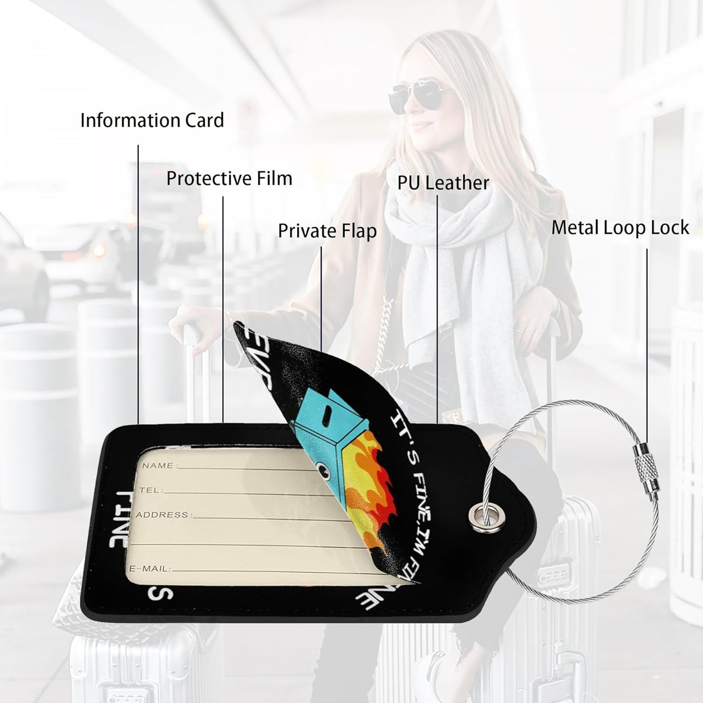 2 Pack Luggage Tags for suitcases Funny Cute Black Trash on fire I'm Fine It's Fine Luggage Tag, Leather Stainless Steel Loop Label Tag for Men Women Travel Bag Suitcase(Trash on fire)