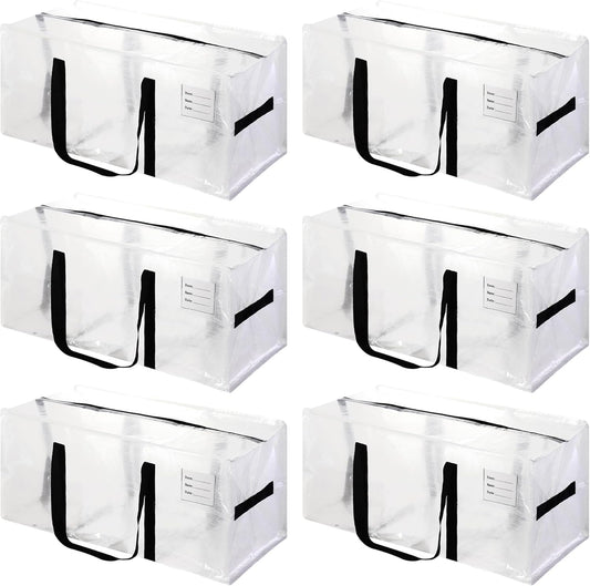 6 Pack Heavy Duty Extra Large Moving Bags with Black Handles, Waterproof Foldable Storage Totes, Clothing Storage Bags, Packing Moving Boxes for College Supplies & Seasonal Storage, Clear