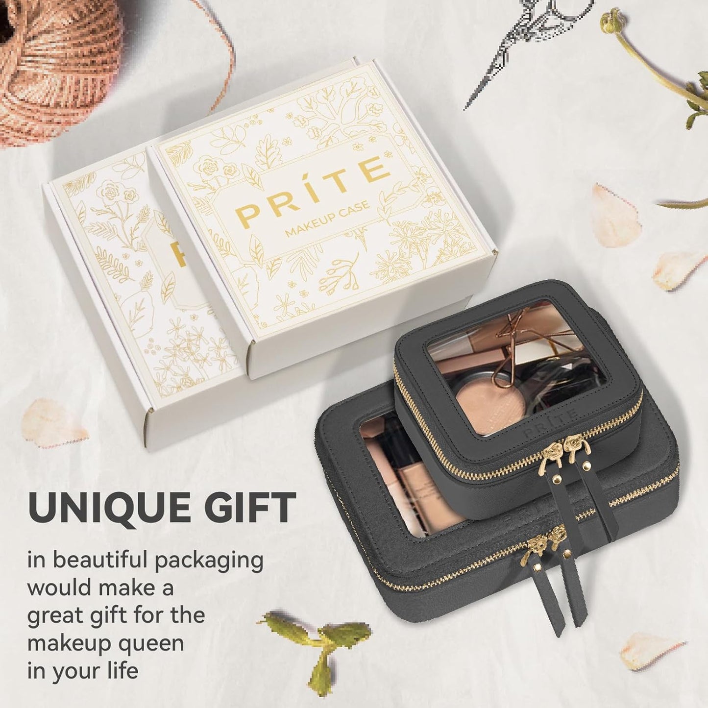 Prite Clear Makeup Bag Set for Women Portable Clear Makeup Bag Cute Waterproof Travel Cosmetic Bag with Gold Zipper for Car Essentials(Black)