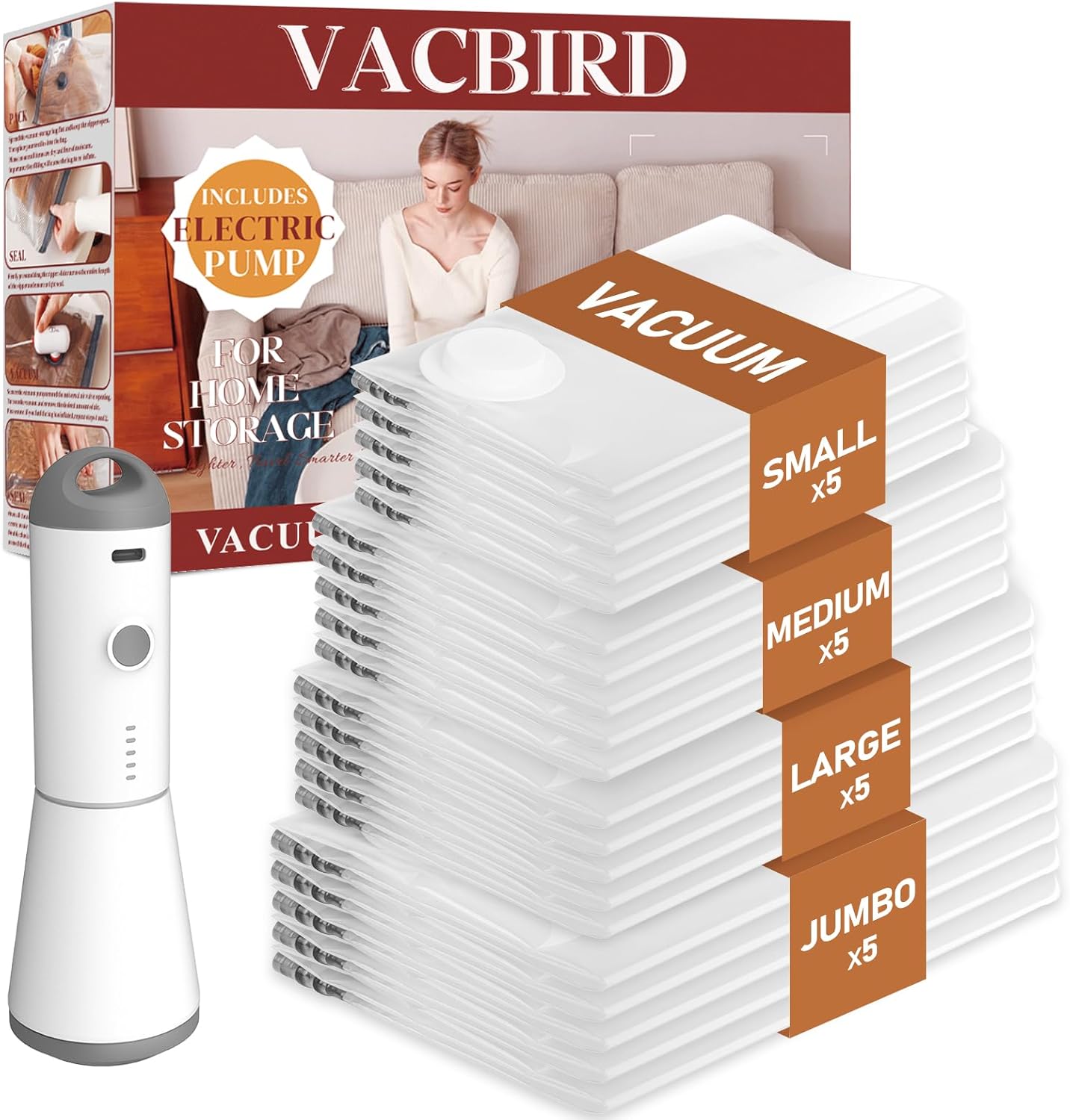 Vacuum Seal Bags for Clothing, 20 Pack Vacuum Storage Bags with Wireless Charging Air Pump(5J+5L+5M+5S), Space Saver Bags for Clothes Blanket Duvets Pillows Comforters Travel