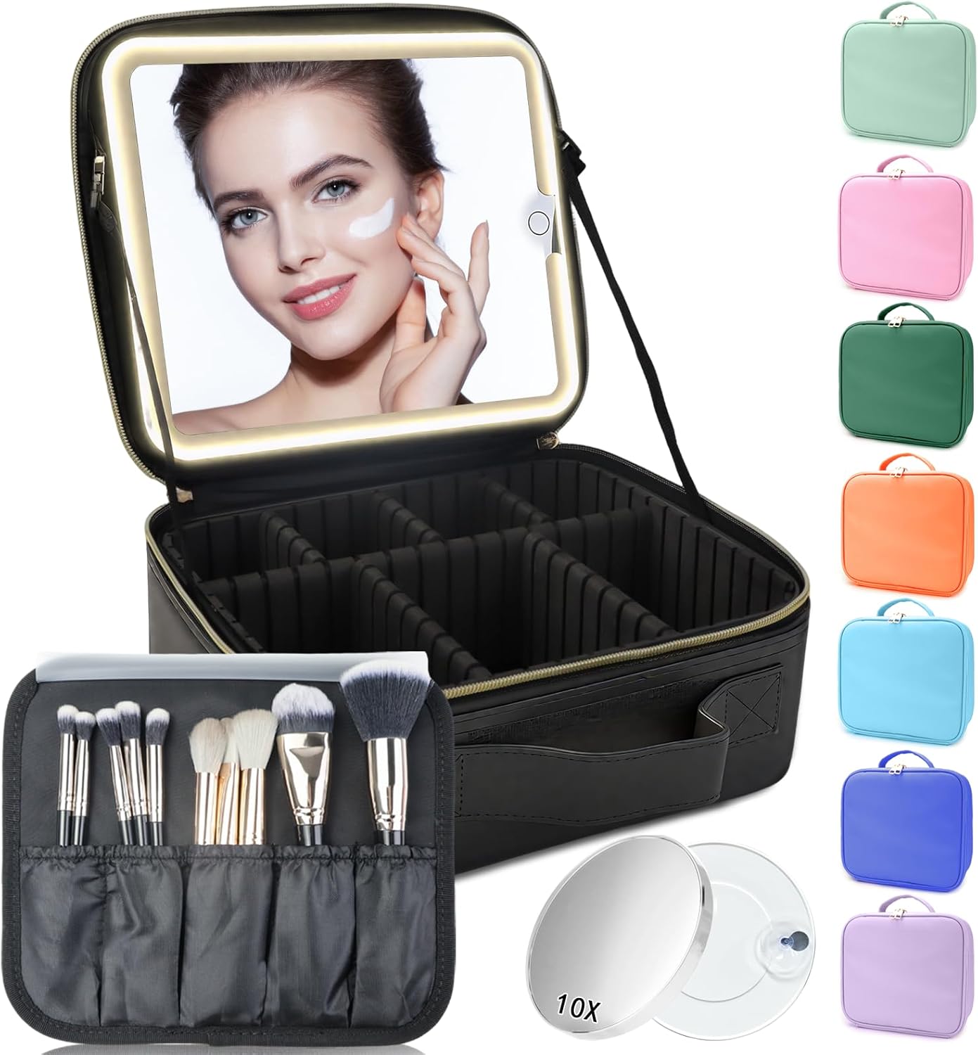 Makeup Bag with Led Mirror,Travel Makeup Organizer with 3 Color Setting & 10X Magnifying Mirror, Portable Storage and Adjustable Dividers Travel Makeup Bag-black