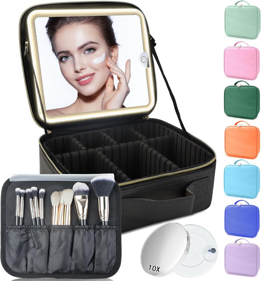 Makeup Bag with Led Mirror,Travel Makeup Organizer with 3 Color Setting & 10X Magnifying Mirror, Portable Storage and Adjustable Dividers Travel Makeup Bag-black