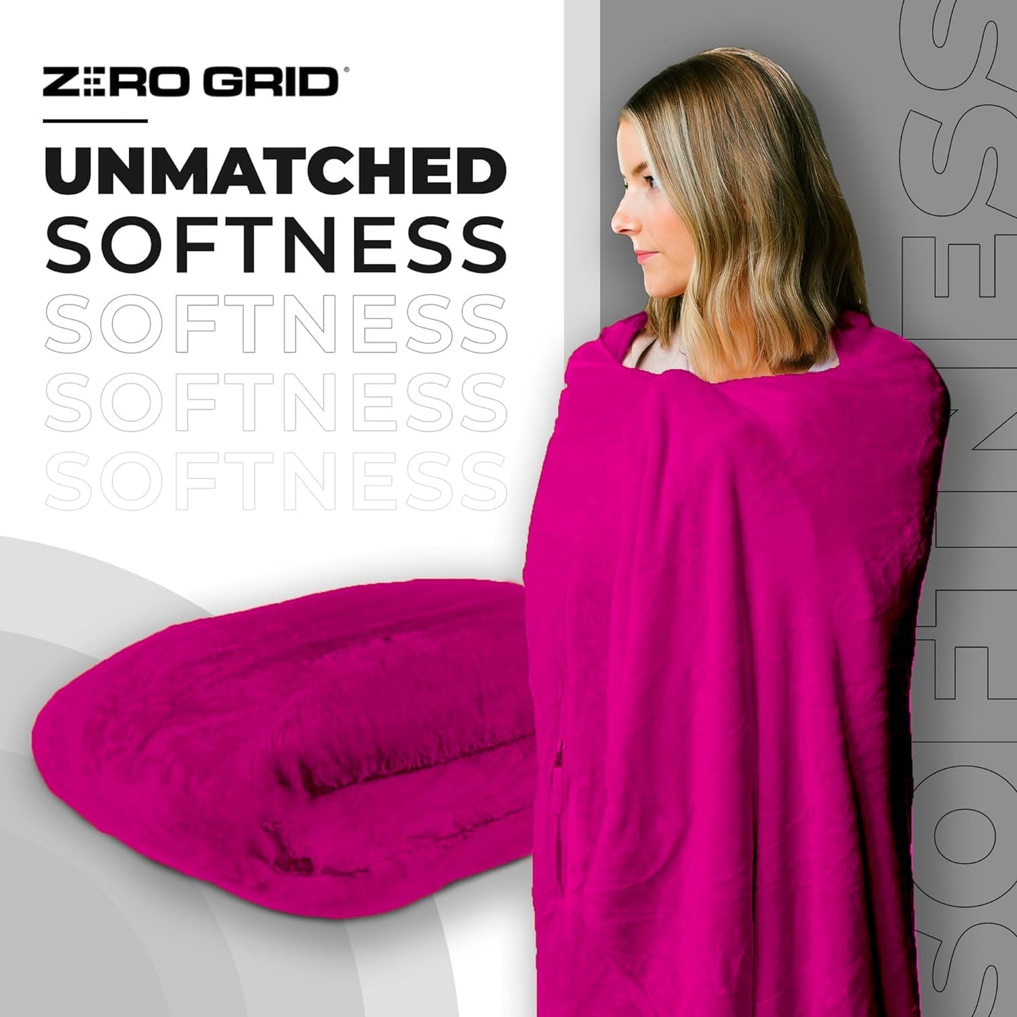 Lightweight Travel Blanket - Premium & Compact Airplane Wearable Blanket with Neck Snaps, Cozy Foot Pockets, Zipper Pouch - Converts into Soft Pillow - Designed for Ultimate Comfort - Hot Pink