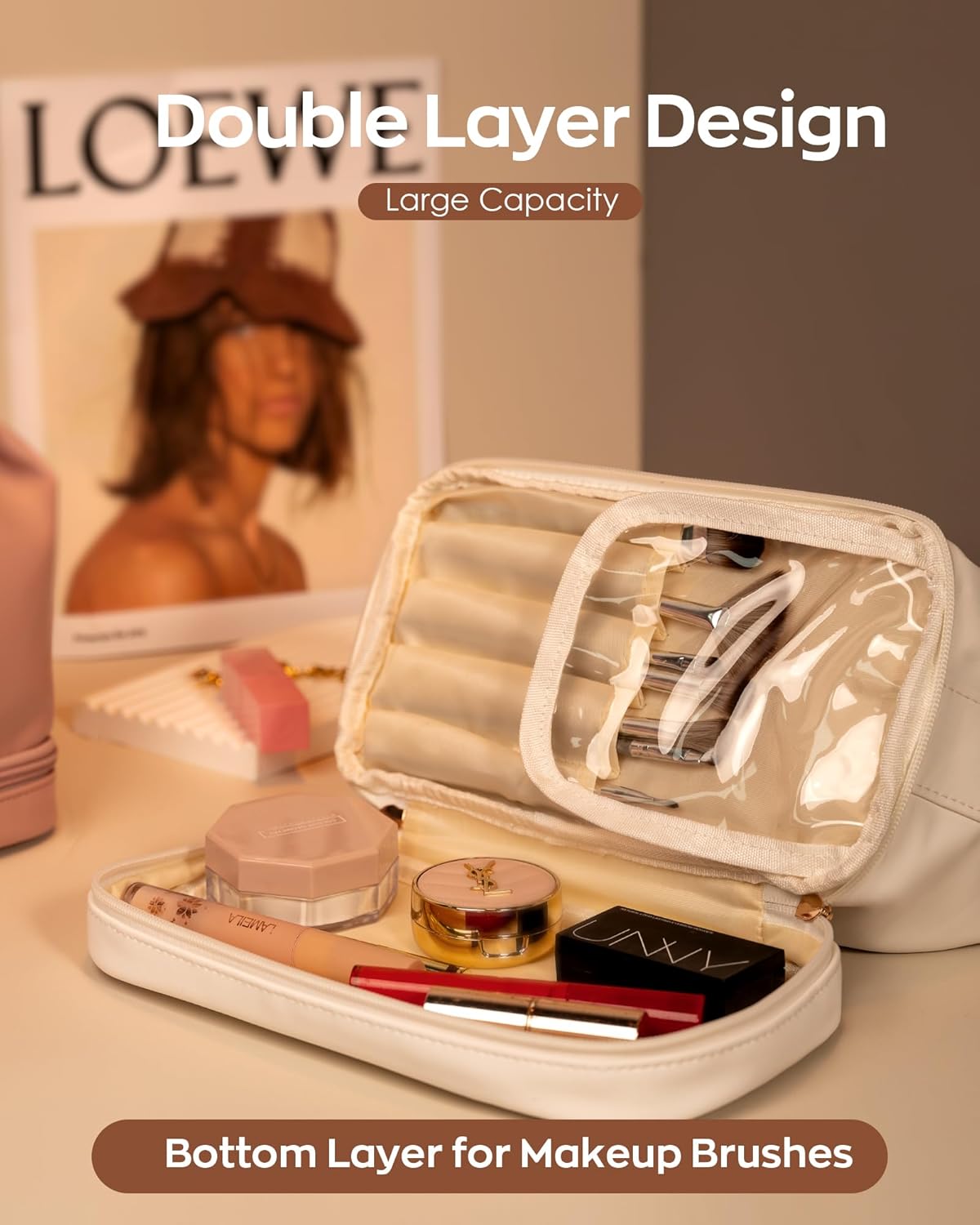 Customized Gifts-Women Gifts, Personalized Makeup Bag with Handle, Initial Double Layer Cosmetic Bag with Makeup Brush Organizer, PU Leather Travel Toiletry Bag, Gifts for Friends Female Mom