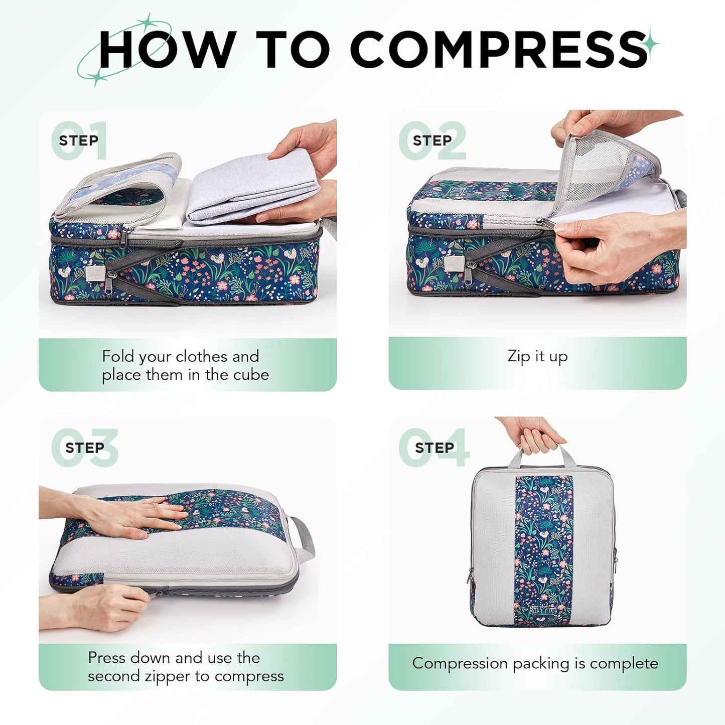 10 Set Compression Packing Cubes for Travel Essentials,Compressible Expandable Packing Cubes for Suitcase,OlarHike Luggage Organizer Bags,Handy Helper for Organizing Clothes(Dark Blue Floral)