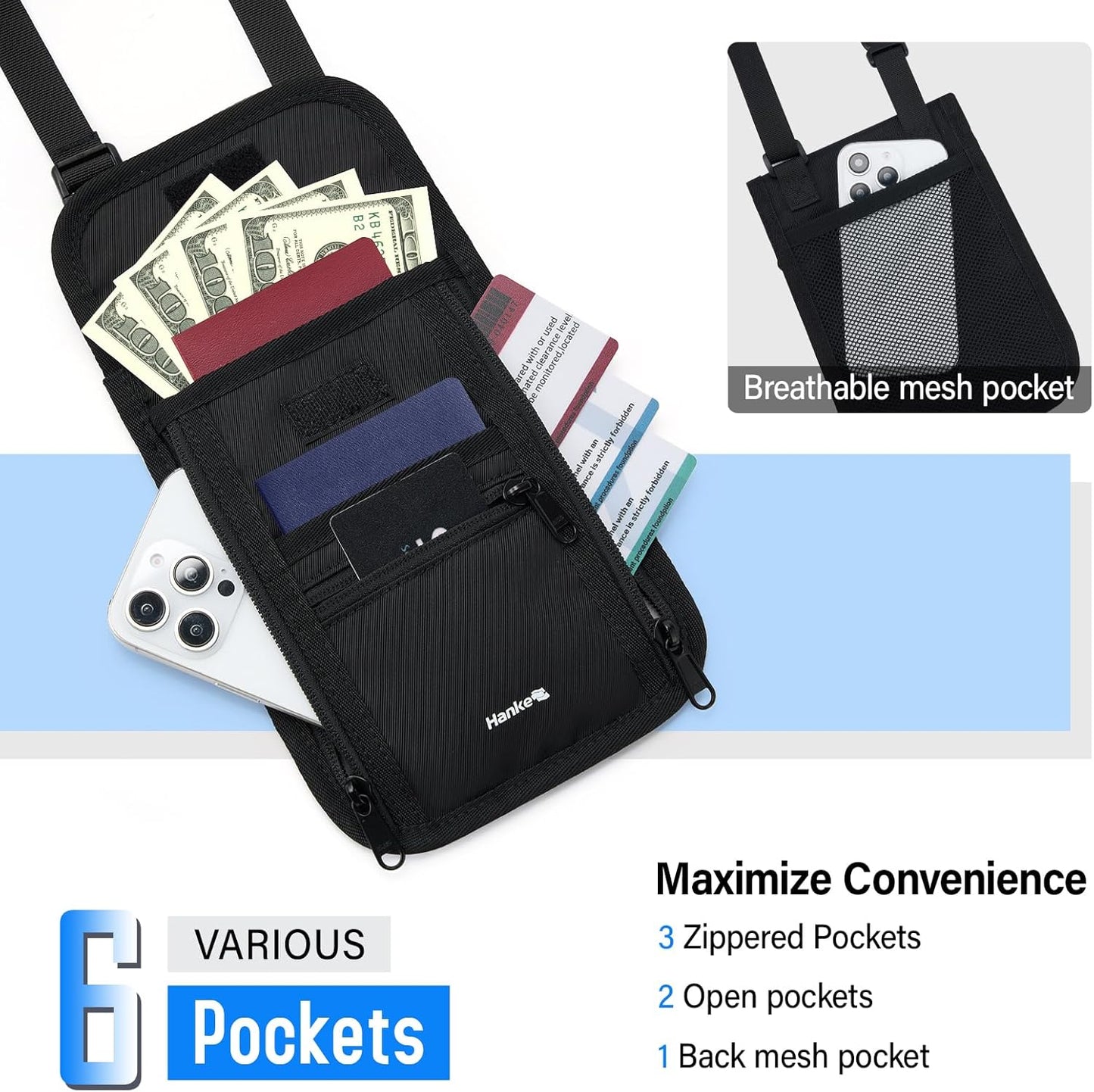 Hanke Passport Holder, Travel Wallet for Womens and Men, Neck Wallet Hidden Passport Pouch for Travel Adjustable Lightweight Thin with 6 compartments (Black)