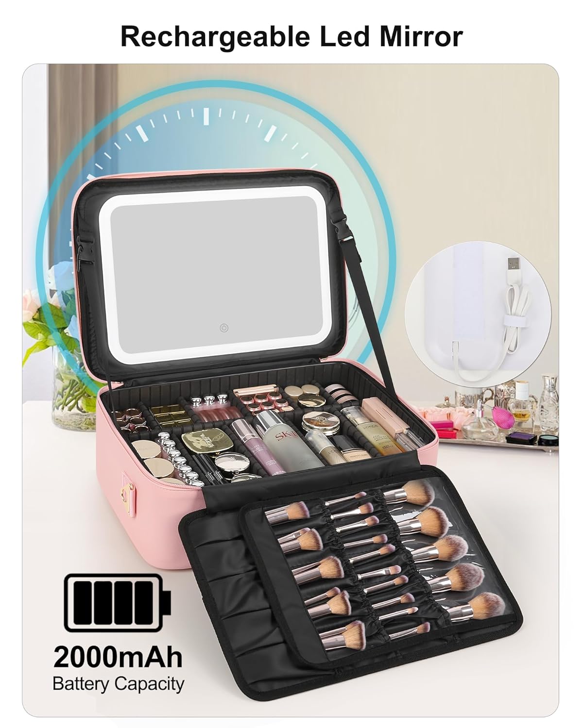 Relavel Makeup Bag with LED Mirror, 16.2 inches Large Professional Makeup Case for Makeup Artists, Travel Portable Cosmetic Organizer Storage Box, Vanity Case with 3 Colors Lighted Mirror, Pink