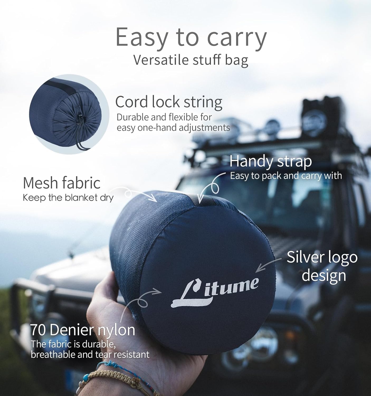 Travel Camping Blanket Lightweight and Breathable, 67 x 48 in Soft Airplane Flight Blanket for Travelers, Foldable Sheet with Stuff Sack for Train, Camp, backapcking, Office, Home (E651 Grey)