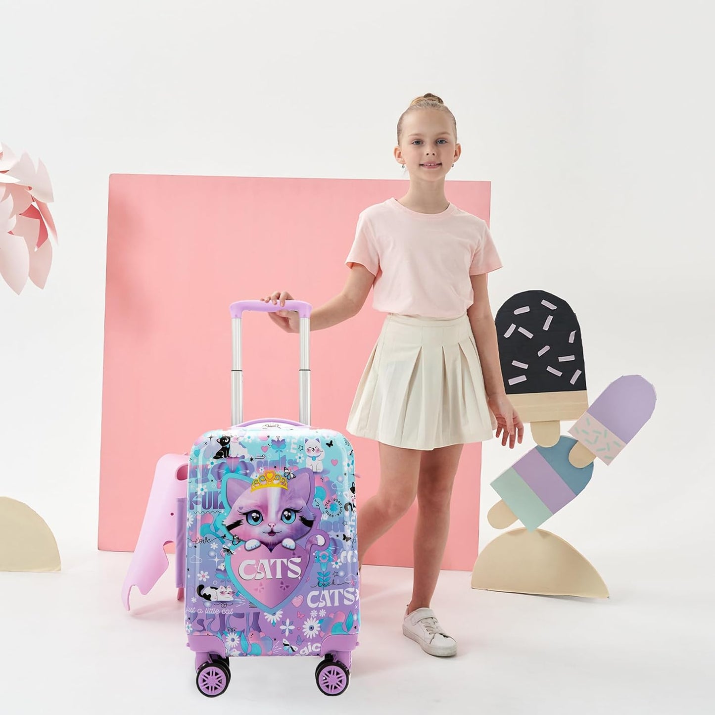 Cute Cat Kid's Luggage Set 2 Piece Suitcase Set 16" Hardside Luggage with Spinner Wheels Girls Carry on Toddler Travel Rolling Luggage Airline Approved