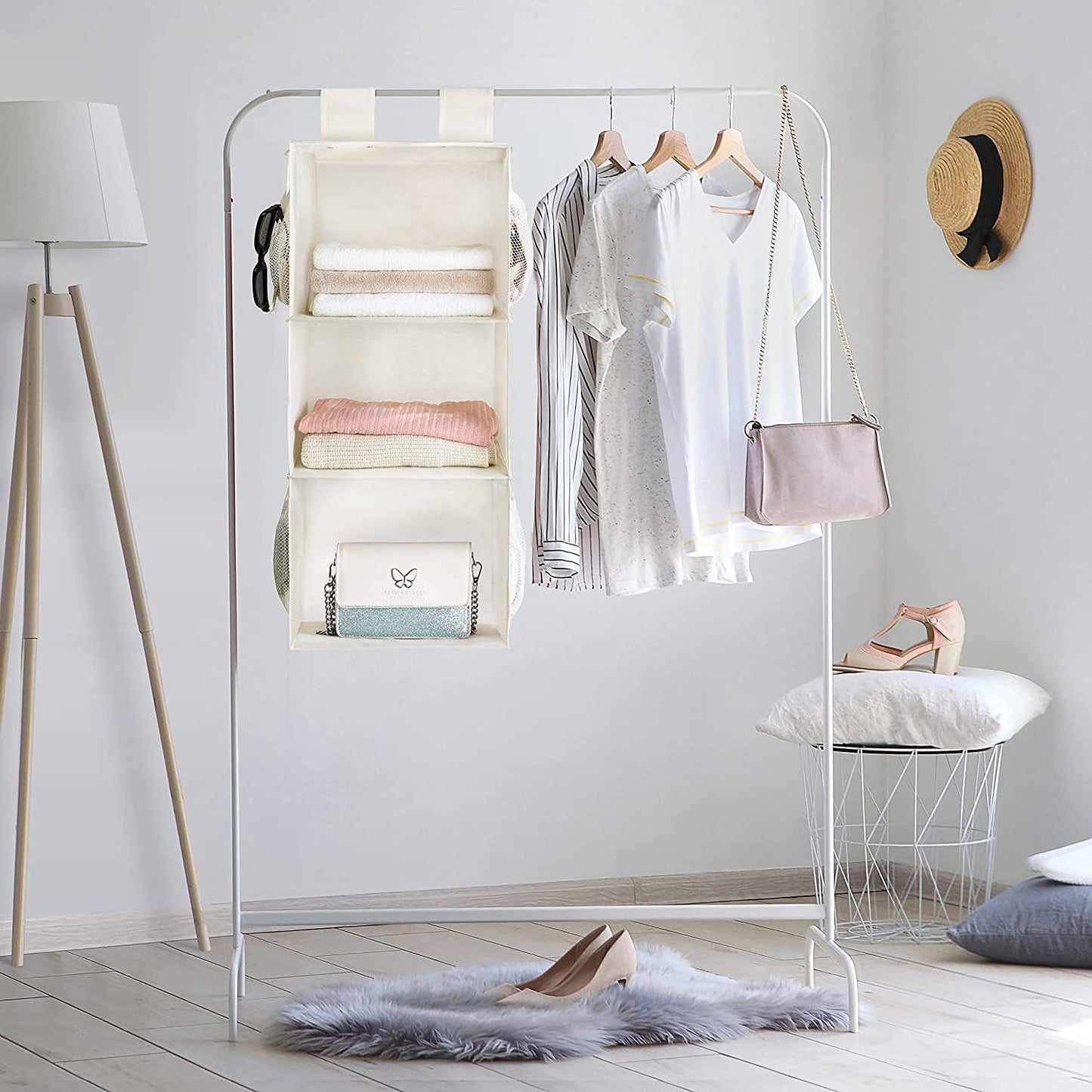 MAX Houser 3-Shelf Hanging Closet Organizers, Collapsible Closet Hanging Shelves for Camper, Nursery Hanging Organizers, Beige, 2-Pack