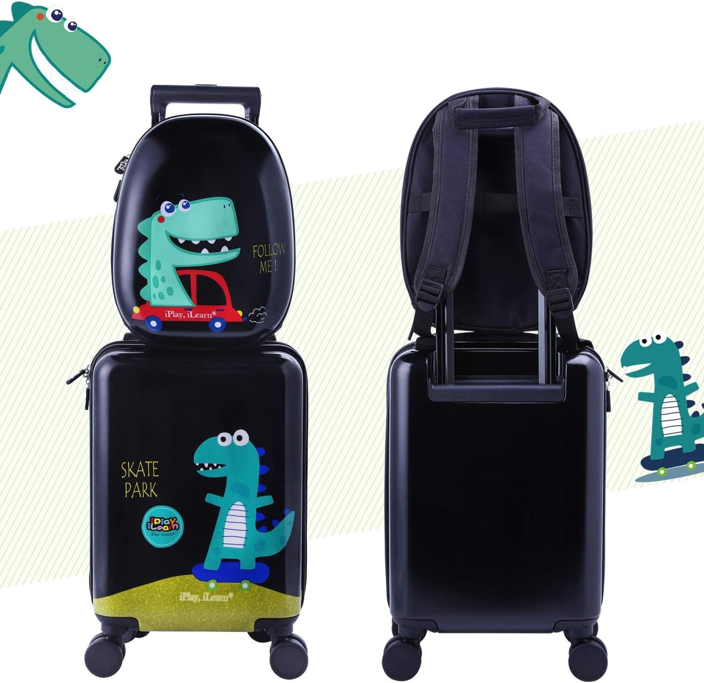 iPlay, iLearn Dinosaur Kids Luggage, Boy Carry on Suitcase, 18" Hardside Travel Luggage Set W/Backpack, Toddler Rolling Luggage W/ 4 Spinner Wheels, Children Holiday Birthday Gift