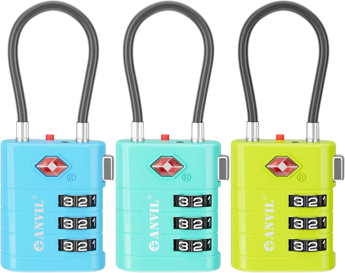 ANVIL TSA Approved Luggage Locks – High Security TSA008 Combination Travel Locks with Inspection Indicator for Suitcases and Backpacks. (3, 3 Colors)