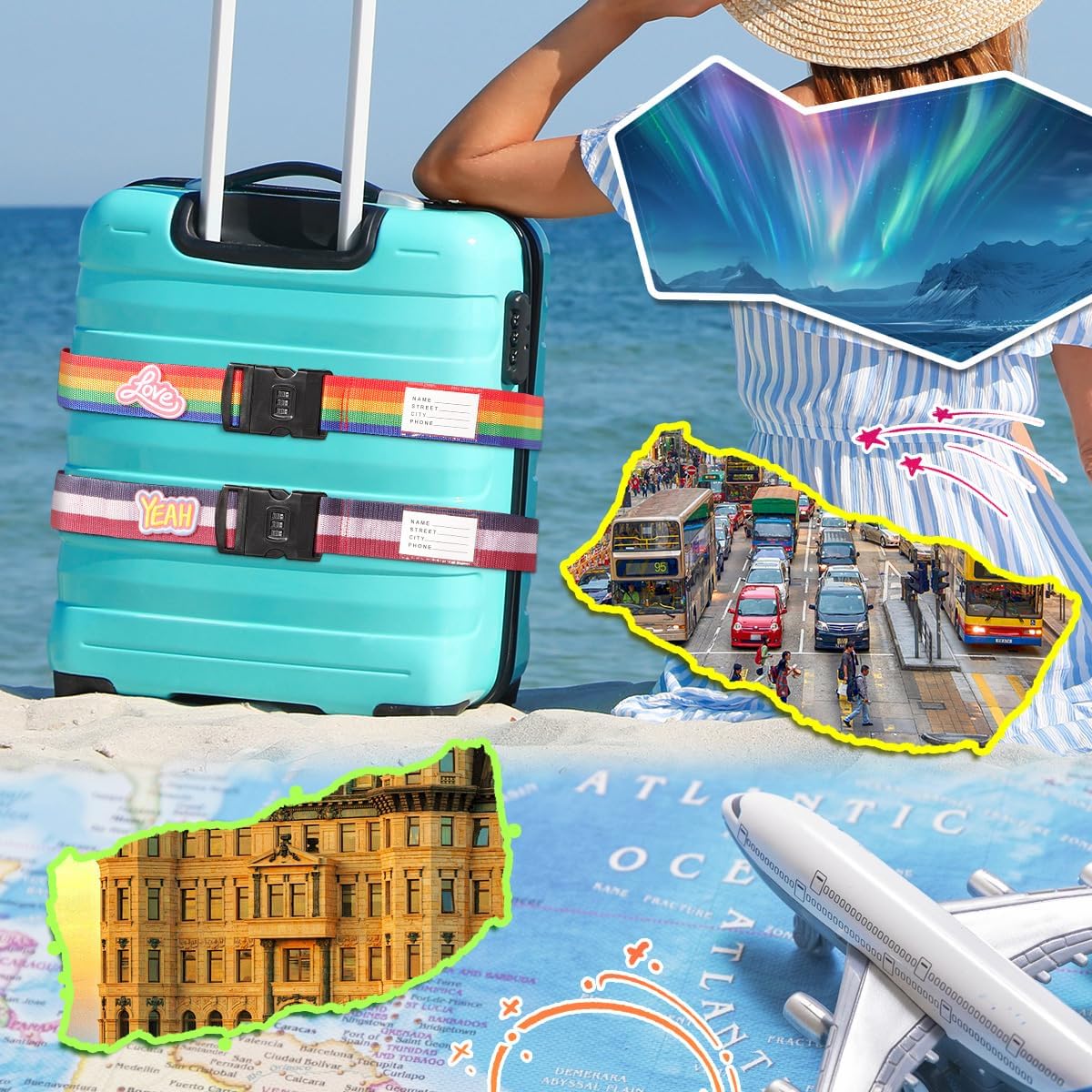 Adjustable Luggage Straps with Combination Lock – 4 Pack Bright Colors, Quick-Release Buckle, Secure Travel Luggage Straps for Added Safety(Multicolour Tricolor)