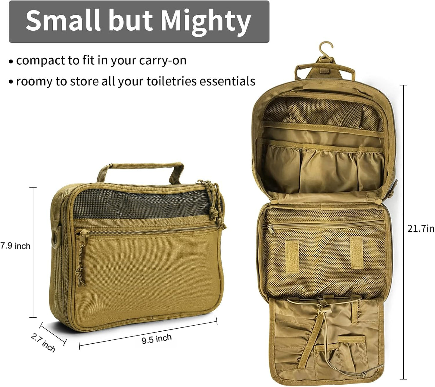 VELVEBAG Mens Toiletry Travel Bag Hanging Toiletry Bag for Toiletry Bag Shaving Bag for Men Travel for Cosmetic,Toiletries,Accessories Khaki