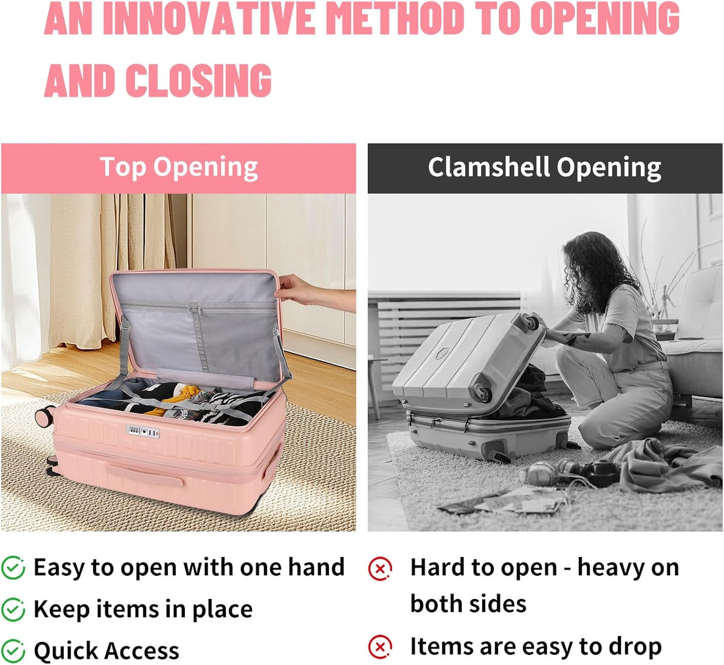 3-Piece 20/24 Top Opening Hardshell Lightweight Luggage and 28-Inch Clamshell Opening Suitcase with Spinner Wheels & TSA Locks for Woman Girls Travel, Pink 20in/24in/28in