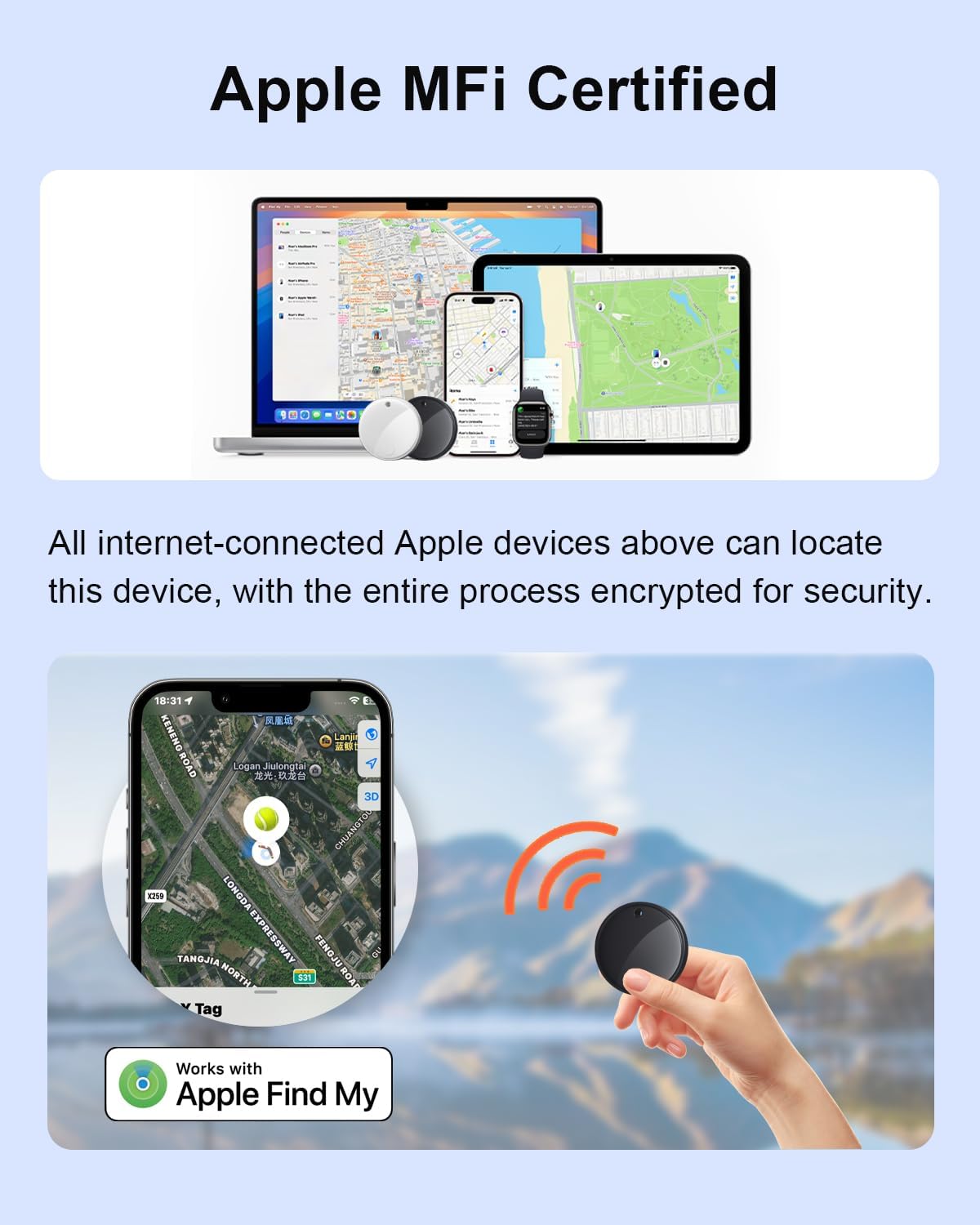 2025 Bluetooth Tracker Smart Finder for Apple Find My[Apple MFi Certified，iOS Only], iPhone Tags Key Finder Luggage Tracker for Bags, Luggage, Wallet, Bicycle, Replaceable Battery