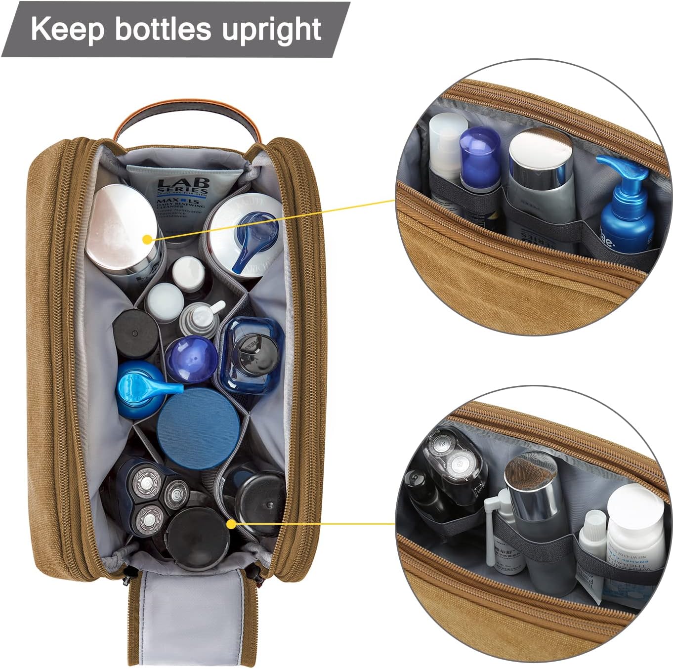 BAGSMART Toiletry Bag for Men, Canvas Travel Toiletry Organizer Dopp Kit Water-resistant Shaving Bag for Toiletries Accessories,Khaki-Large