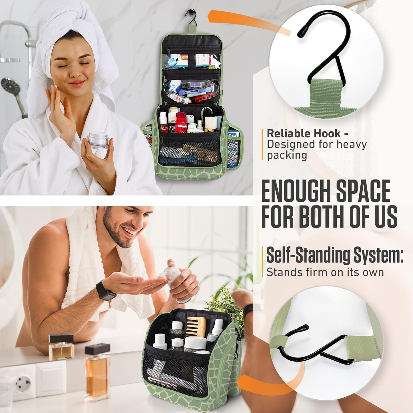 VENTURE 4TH Hanging Travel Toiletry Bag for Women & Men - Travel Organizer with Expandable Compartments & Removable Clear Pouch for Toiletries (Olive Giraffe)