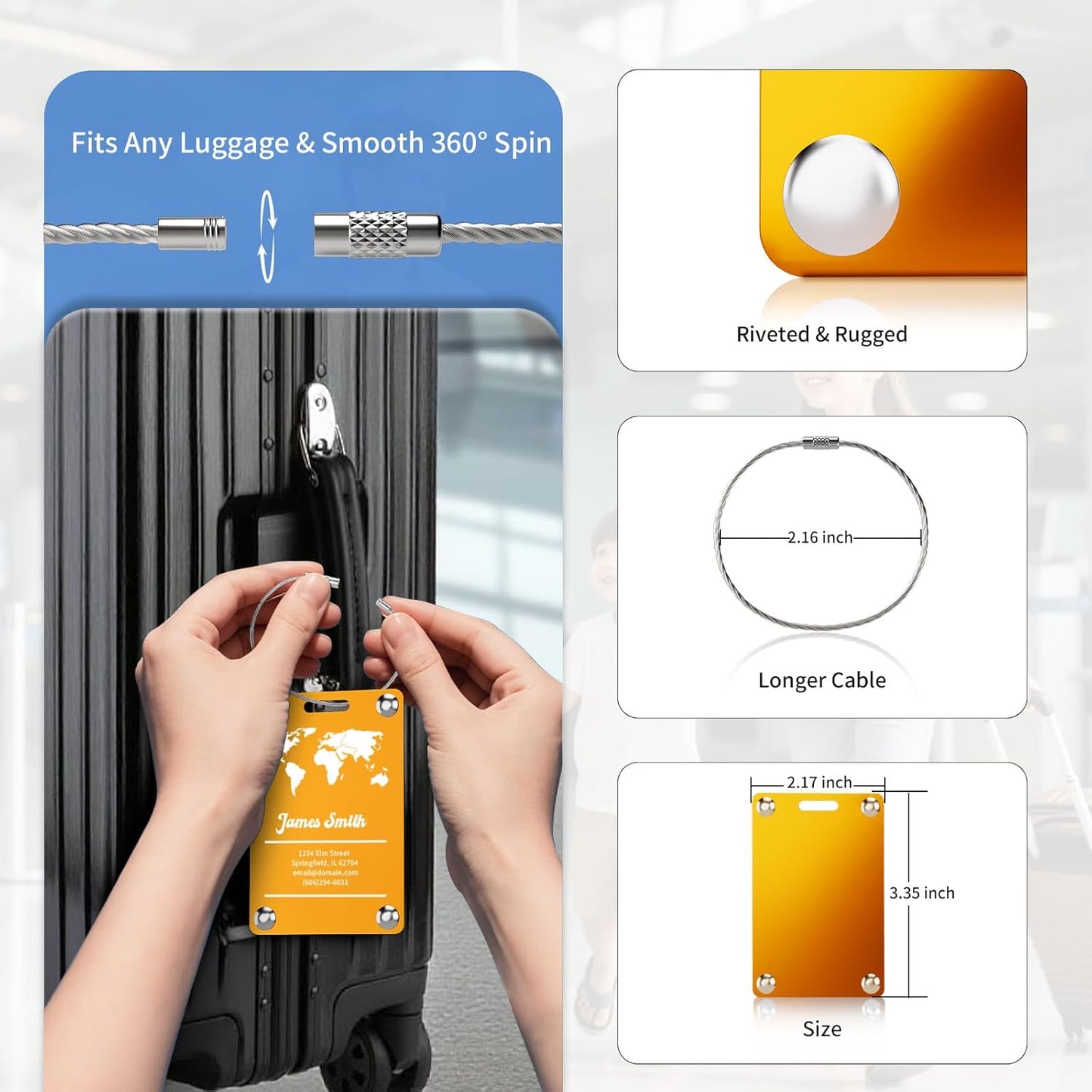 Personalized Luggage Tags for Suitcases, Engraved Stainless Steel Custom Luggage Tags for Cruise Travel, Suitcase Identifier Metal Name Baggage Tag, Bag Tags for Men Women Kids Backpacks