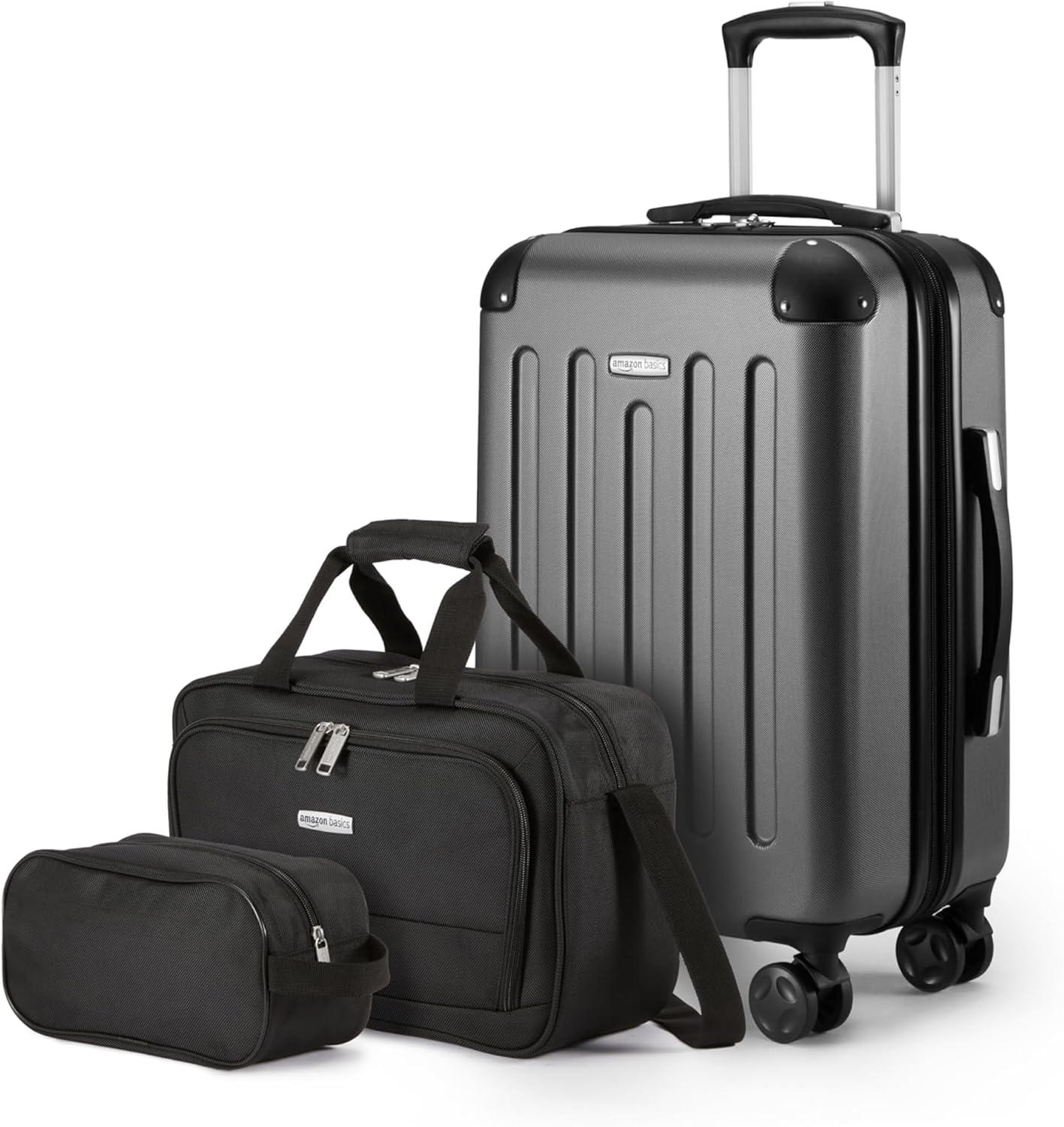Amazon Basics 3-Piece Luggage Set, Including One Carry-On Luggage (22" Expandable Hardside Suitcase With 8 Spinner Wheels), One 15-inch Tote Bag, and One 10-inch Compact Travel Bag, Black