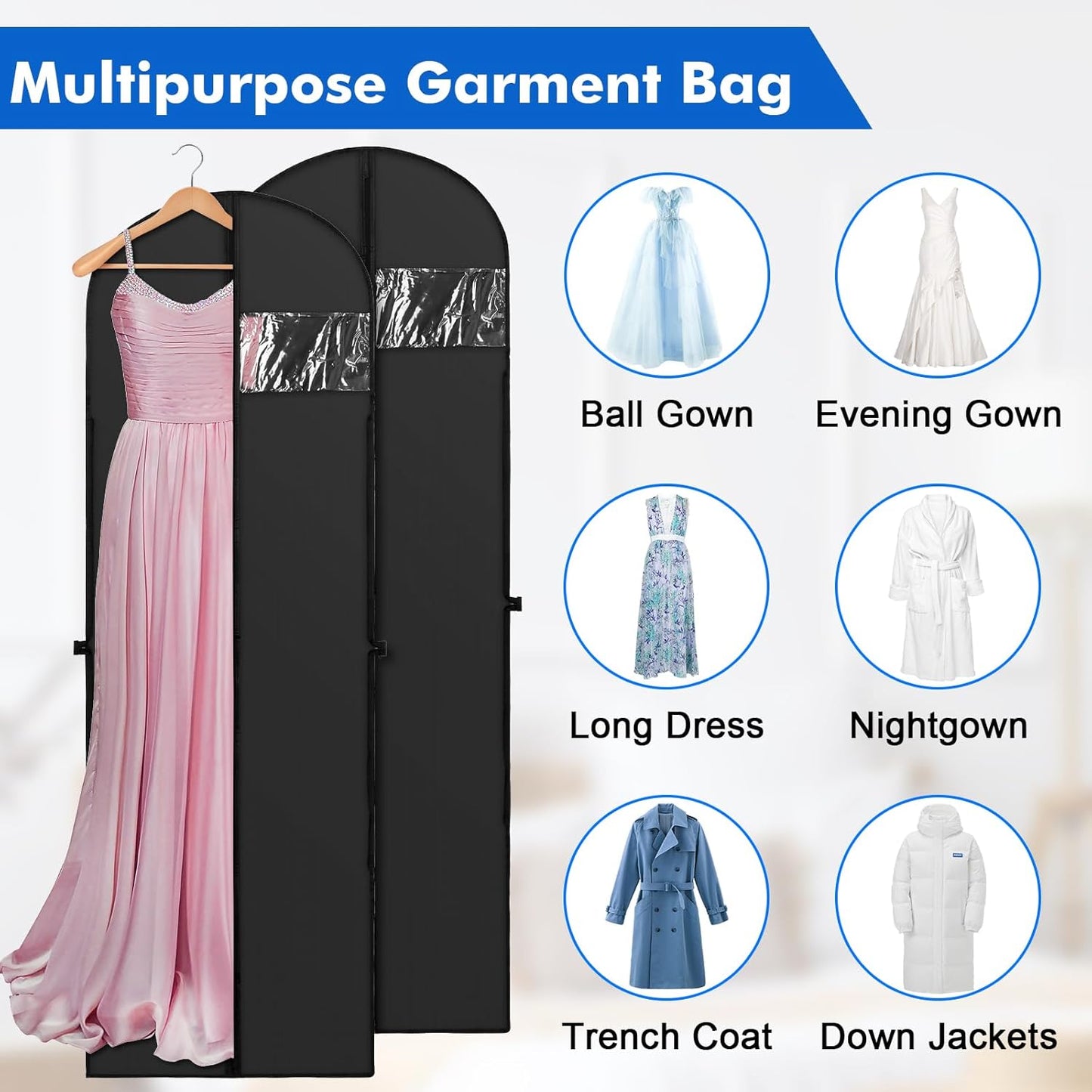 70" Long Garment Bags for Travel Dress, 2 Pack Dress Bags for Gowns, Garment Bag for Long Dress, Closet Wardrobe Bags for Gowns Tuxedos, Black