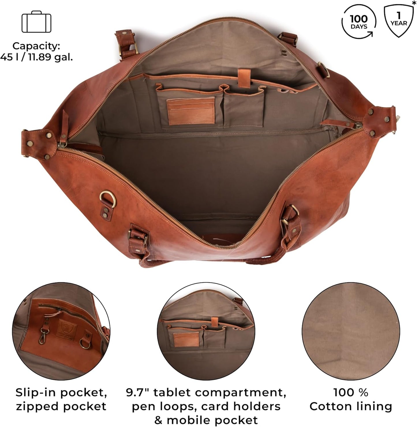 Berliner Bags Vintage Leather Duffle Bag München for Travel or the Gym, Overnight Bag for Men and Women - Brown (Cognac)