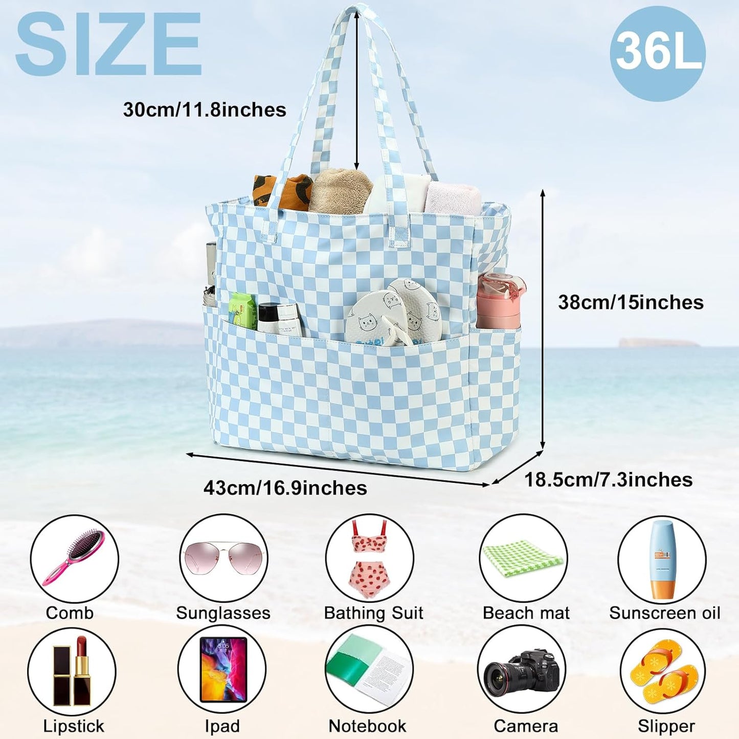 CAMTOP Waterproof Beach Tote Bag for Women Girls with Zipper Foldable Sandproof Pool Swim Bag Travel Carry On Gym