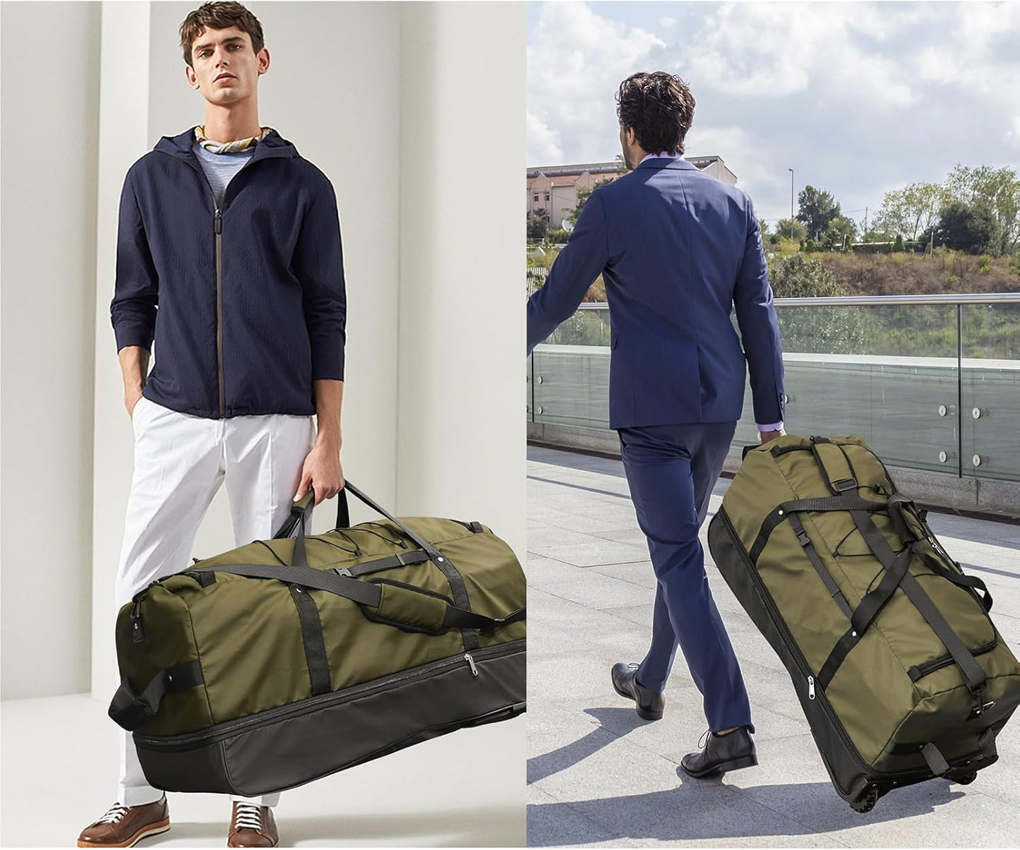 110L/140L Expandable Soft-Sided Foldable Duffle Bag with 2 Rubber Wheels,Packable 32” Rolling Carry-On with Multi-Pockets & Compartments,Army Green