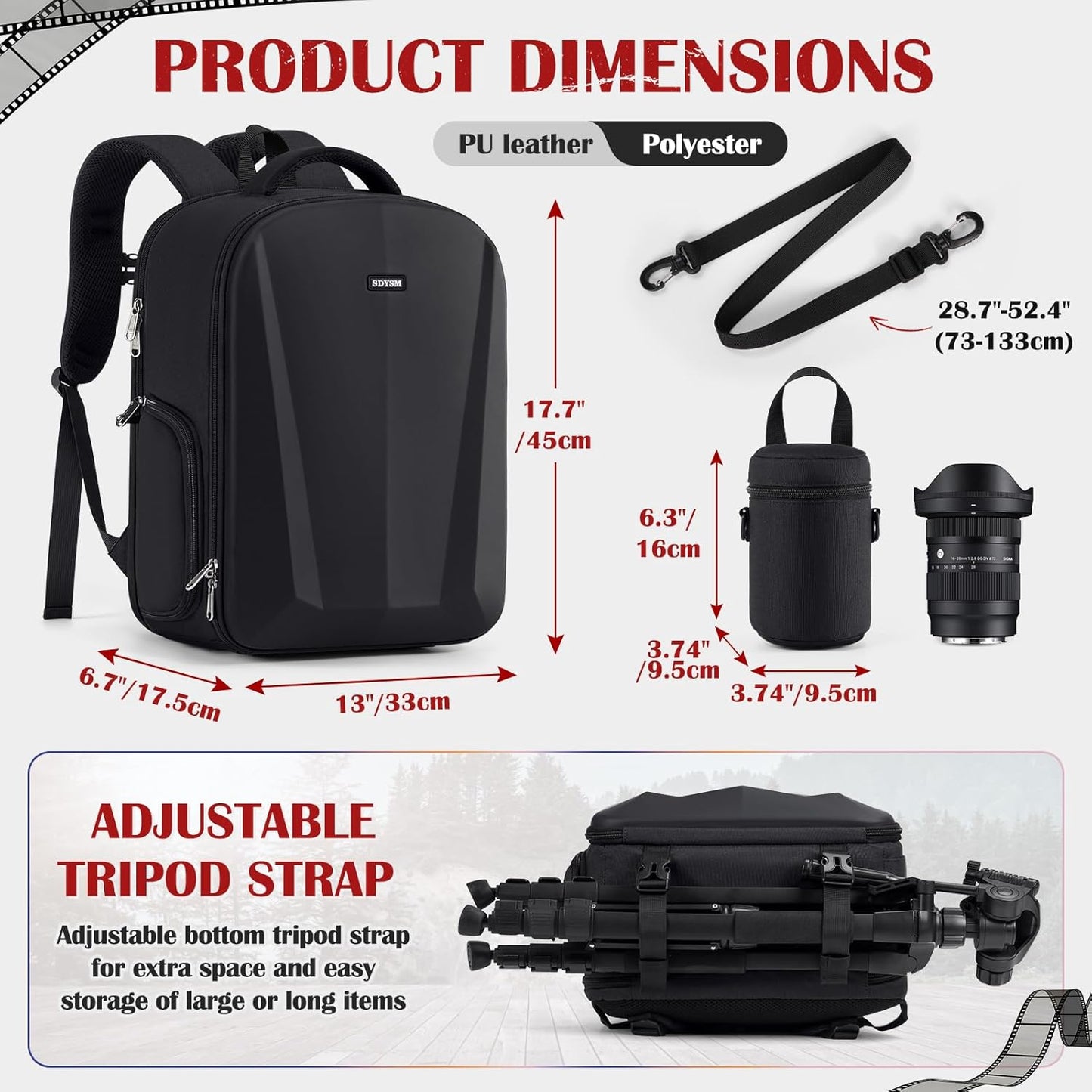 SDYSM Camera Backpack, Hardshell DSLR/SLR Camera Bag with Lens Pouch & 15.6" Laptop Compartment Waterproof Camera Case with Rain Cover Photography Backpack Compatible for Canon/Nikon/Sony/Drone Black