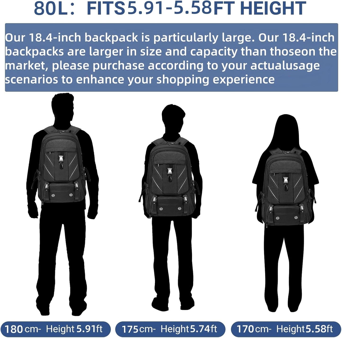 18.4 Inch Large Travel Backpack with Shoe Compartment,80L Water Resistant Anti Theft Backpacks with USB Charging Port,Carry on Flight Approved Laptop Bag Multiple Backpack (Fits above 5.91 ft height)