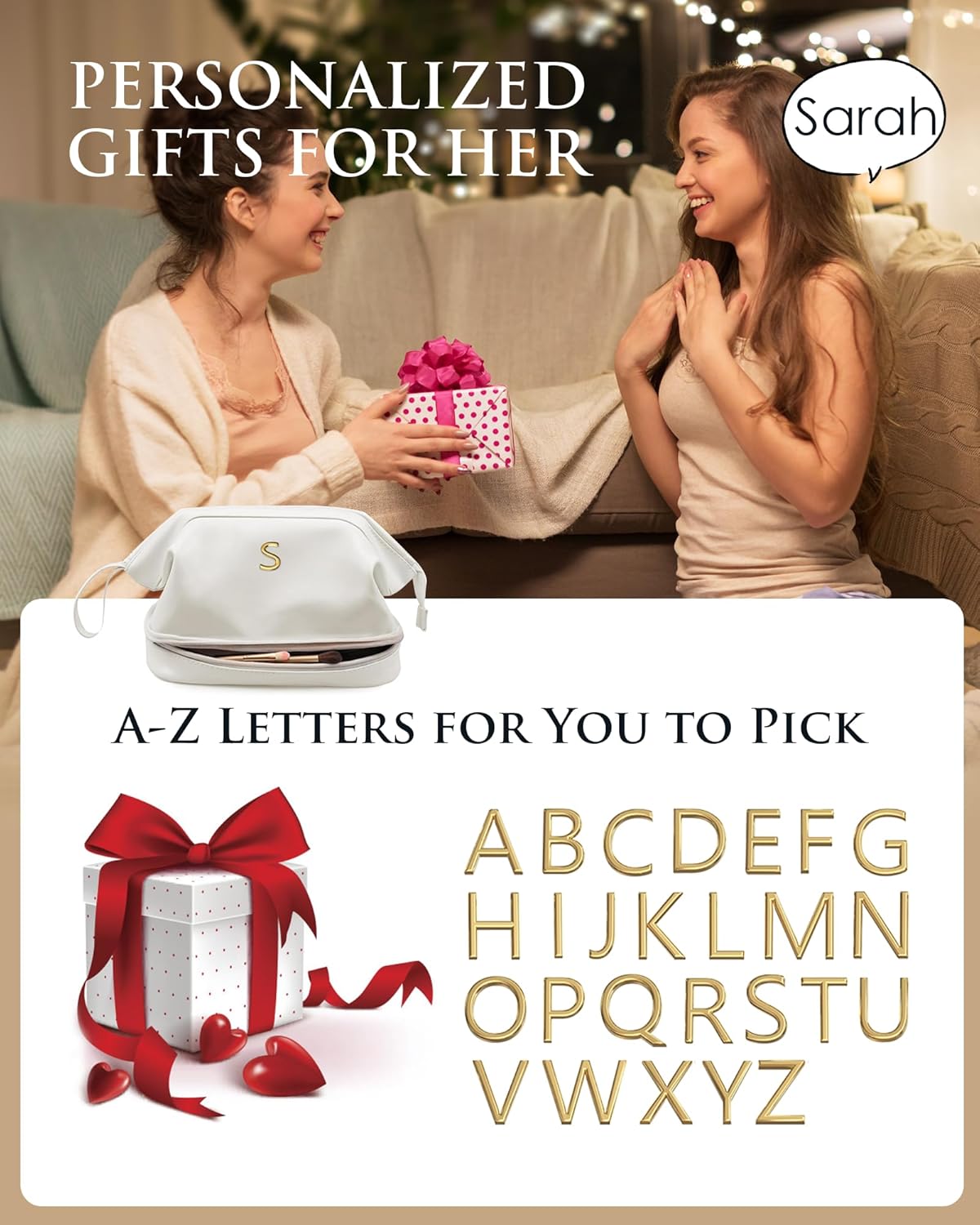 Bridesmaid Gifts for Women, Initial Makeup Bag,Gifts for Girls 12-14 Cosmetic Bag with Makeup Brush Organizer, Large Capacity PU Leather Travel Toiletry Bag, Initial Bags for Women