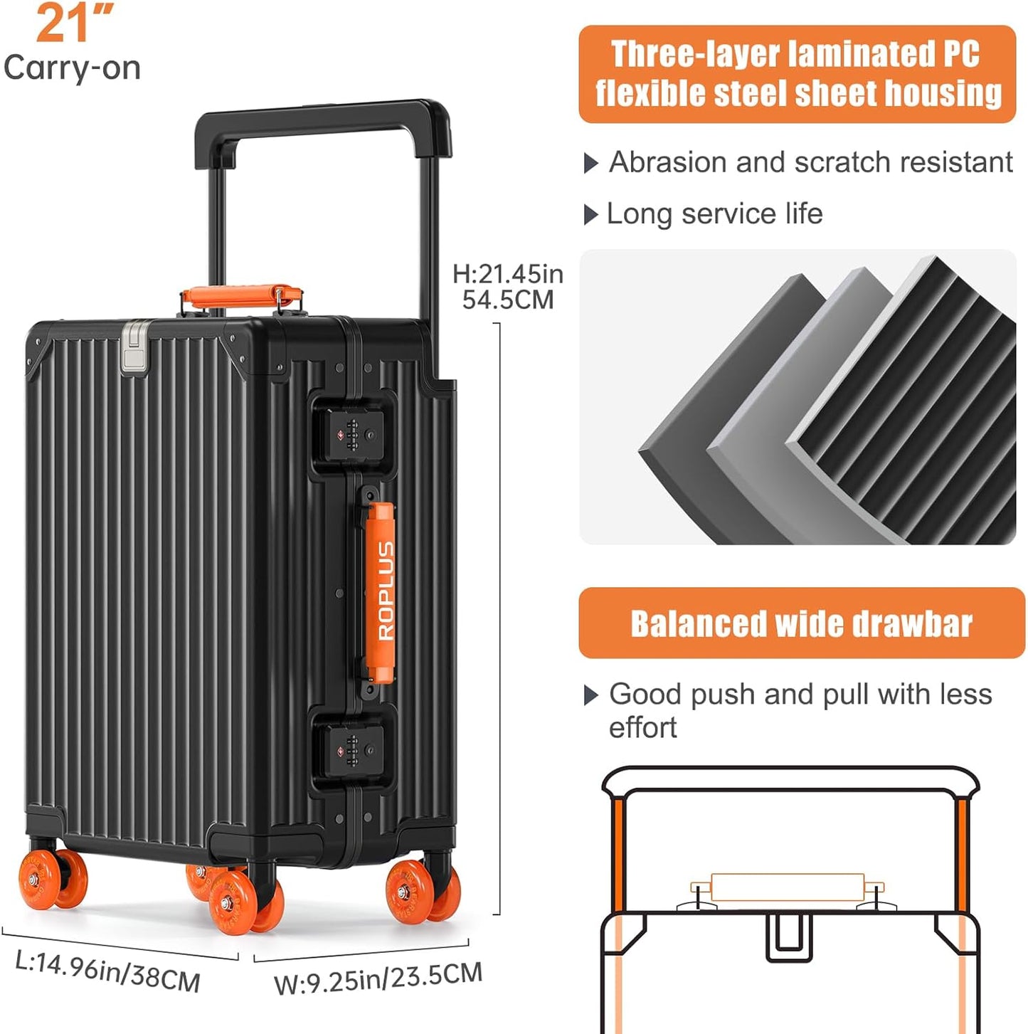 Aluminium Frame Carry on Luggage with Smooth Jelly Wheels, Hardside Zipperless Rolling Suitcase with TSA Lock (BlackOrange, 21-Inch)