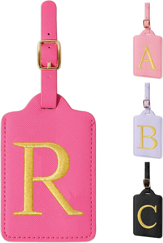 Personalized Initial Luggage Tags - Cute Red Leather Monogrammed Tags with Privacy Cover for Women Kids