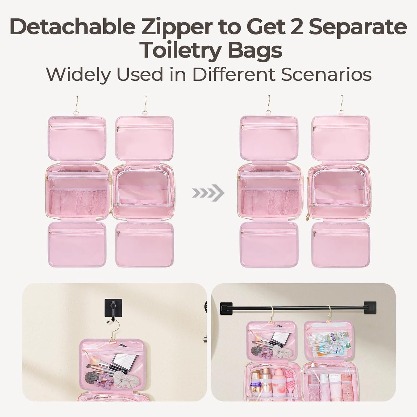 Hanging Travel Toiletry Bag for Women Detachable Toiletry Bag with 6 Compartments Large Makeup Bag Cosmetic Organizer for Bathroom Shower Business Trips Camping, Pink