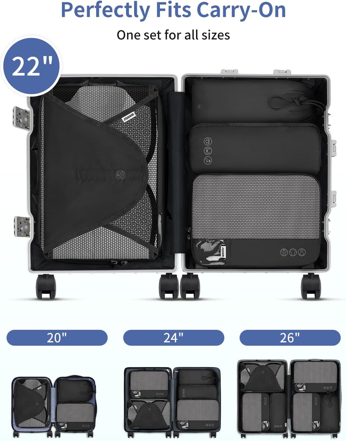 WANDF 7 Set Compression Packing Cubes for Travel, Shirt Folder for Wrinkle-Free, Suitcase Organizer Bags Set for Carry-On Checked Luggage Duffle Bag Women Men(Black)