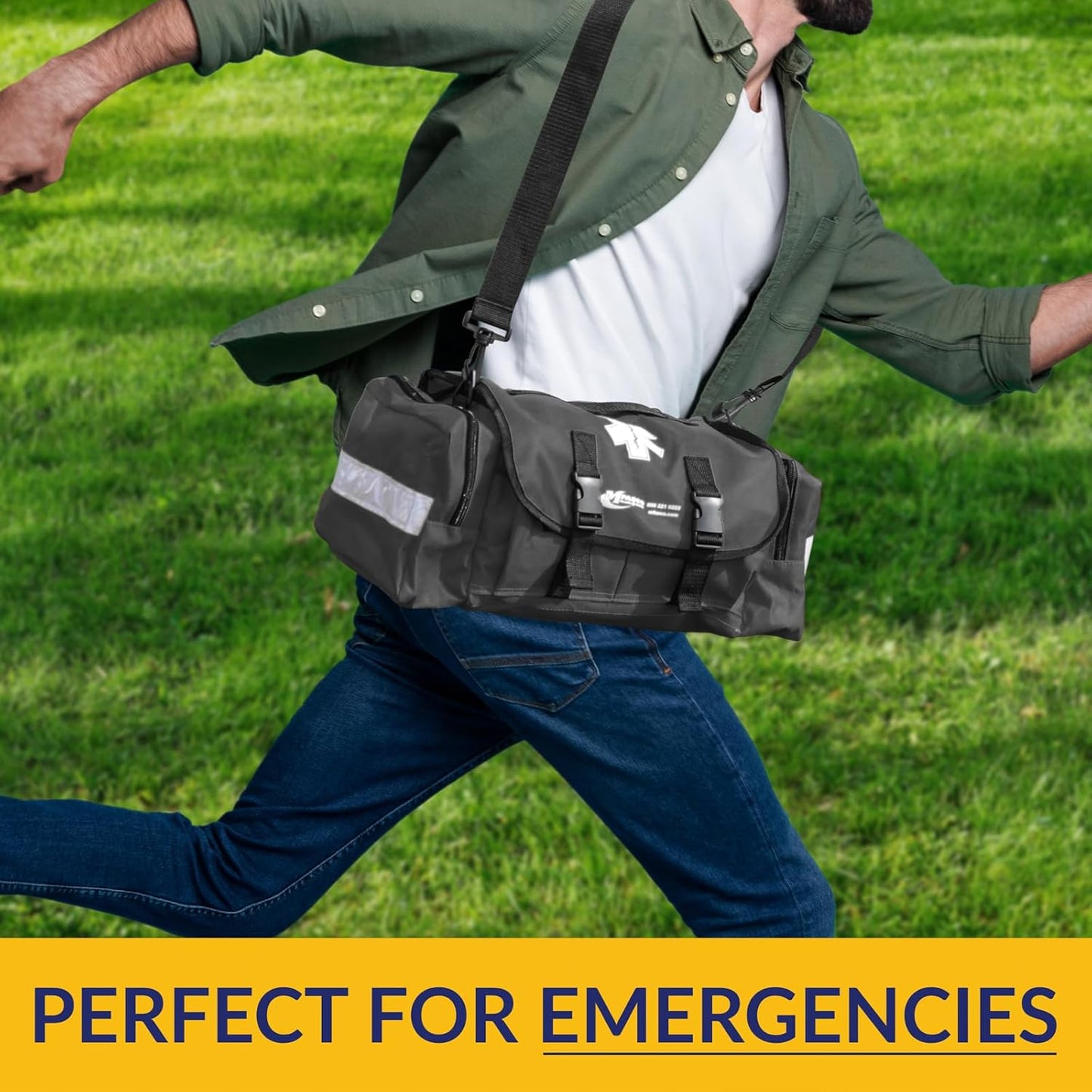 MFASCO First Aid Kit - Fully Stocked Portable Reflective Bag -First Responder Emergency Response Kit-for Natural Disaster Preparedness-Customizable Storage-Includes 415 Pcs First Aid Supplies-Black