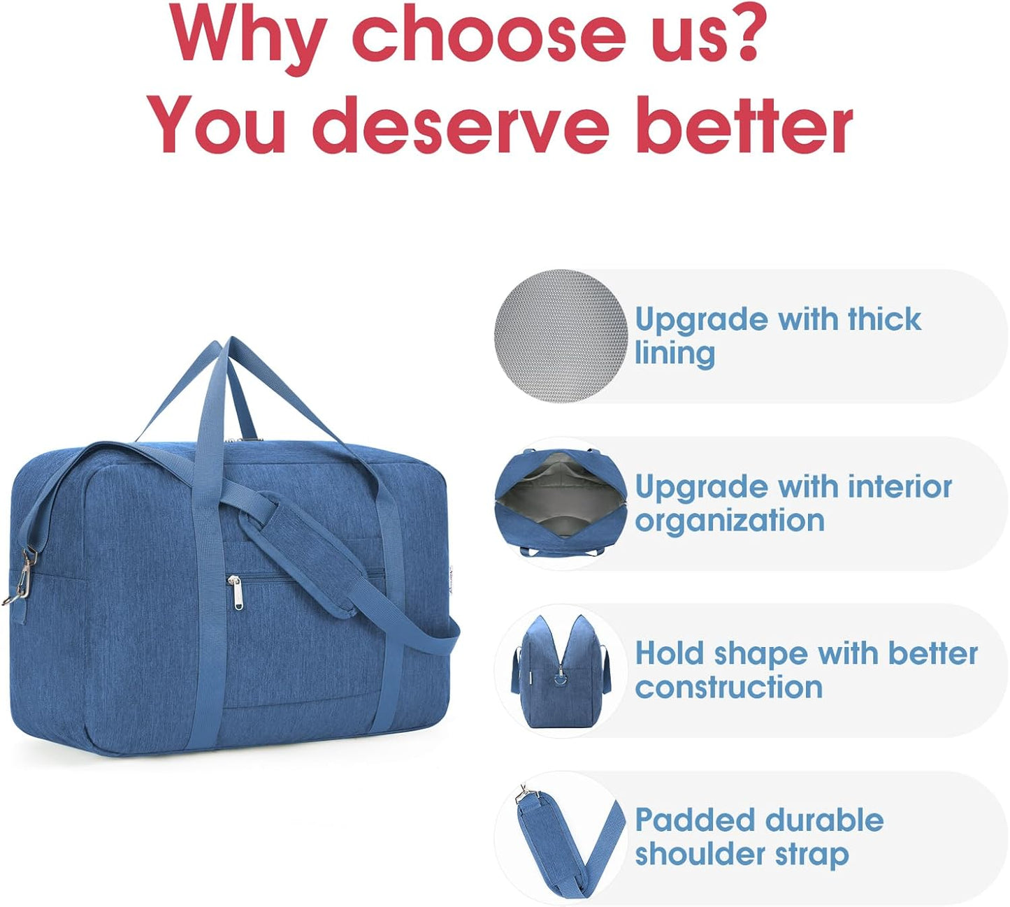 Carry on luaggage 22x14x9 Airlines Approved Foldable Carry on Bag Packable Duffle Overnight for Women and Men 40L (Navy Blue-1)