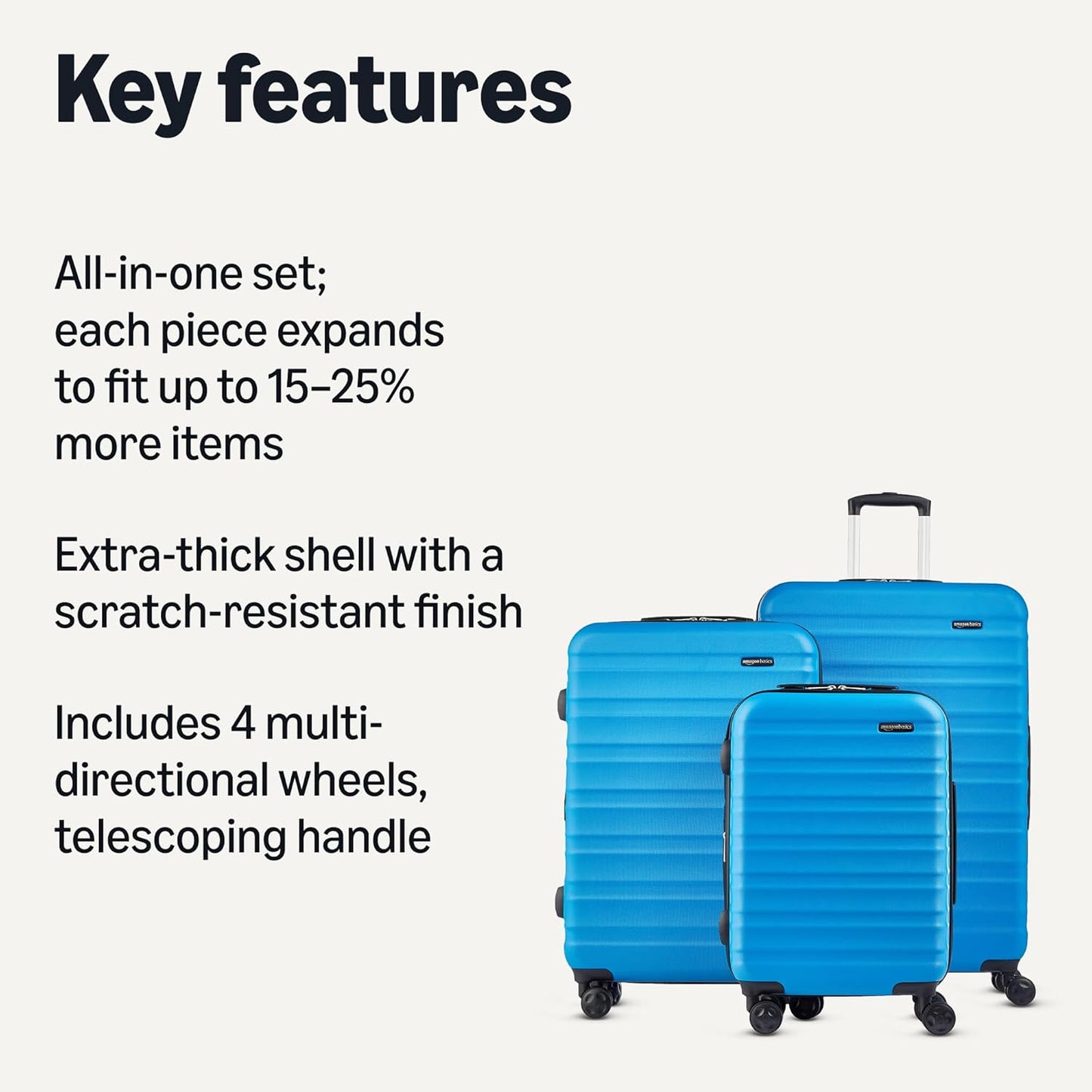 Amazon Basics 3-Piece Set (21", 26", 30"), Hardshell Suitcases With Wheels, Expandable For Up to 25% More Space, With Scratch-Resistant Surface, Four Multi-directional Wheels, Light Blue