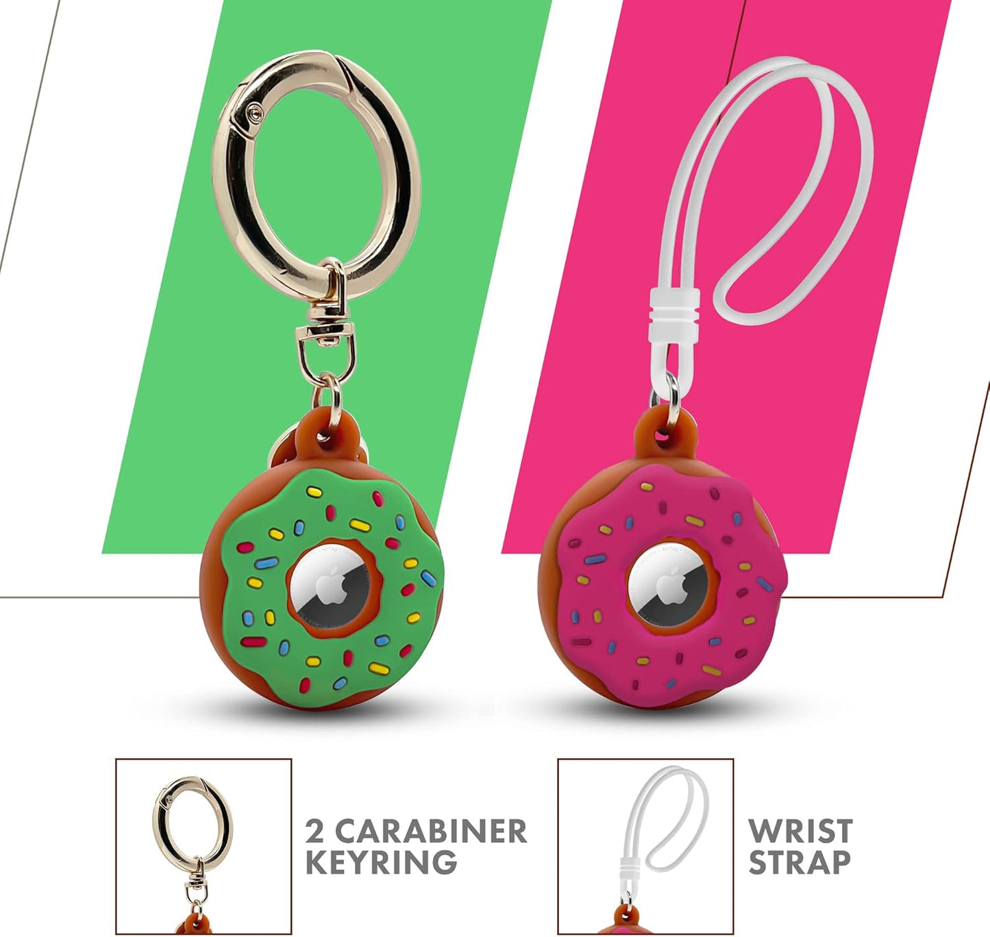 Apple AirTag 4 Pack Shockproof, Dustproof & Washable Cases, Silicon Holders with Accessories for Wallets, Luggage, Pet Collars, Key Finders (Donut (Green & Pink))