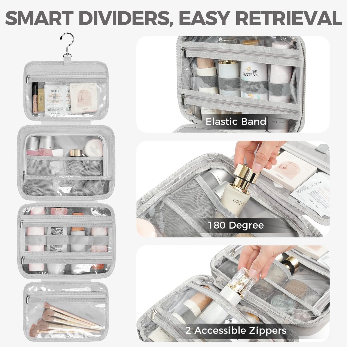 Toiletry Bag For women,Portable Hanging Organizer,4 Leakproof Compartment for full-sized Conditioner, Brushes Set, Makeup Accessories,Visible and easy to access.L-grey